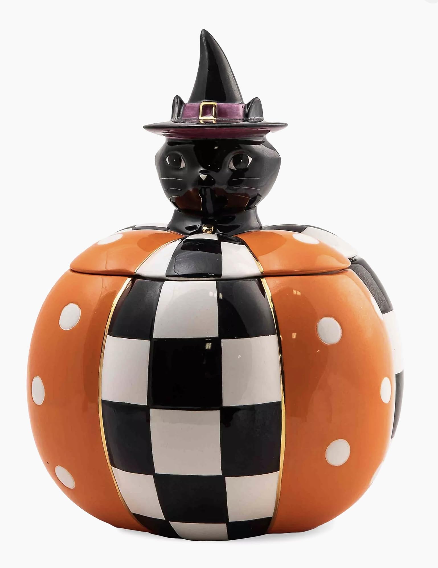 MACKENZIE-CHILDS Black Cat Pumpkin Ceramic Dish with Lid - Halloween Kitchen Decor, Fall Table Centerpiece, Thanksgiving Serving Bowl for Candy & Treats