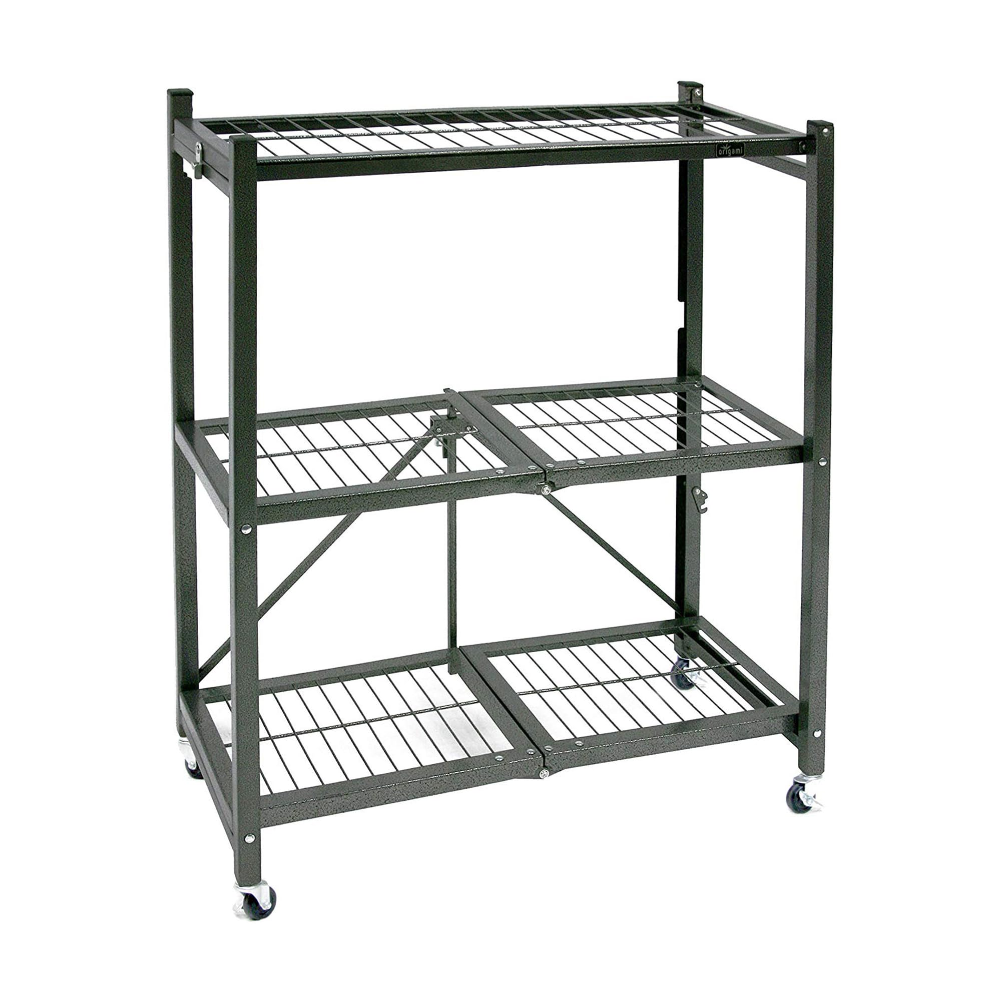 3-Tier Origami Folding Shelf with Wheels - Space Saving Storage Rack for Home, Office & Kitchen - Durable Pewter Metal Shelving Unit for Organizing Books, Plants & Decor