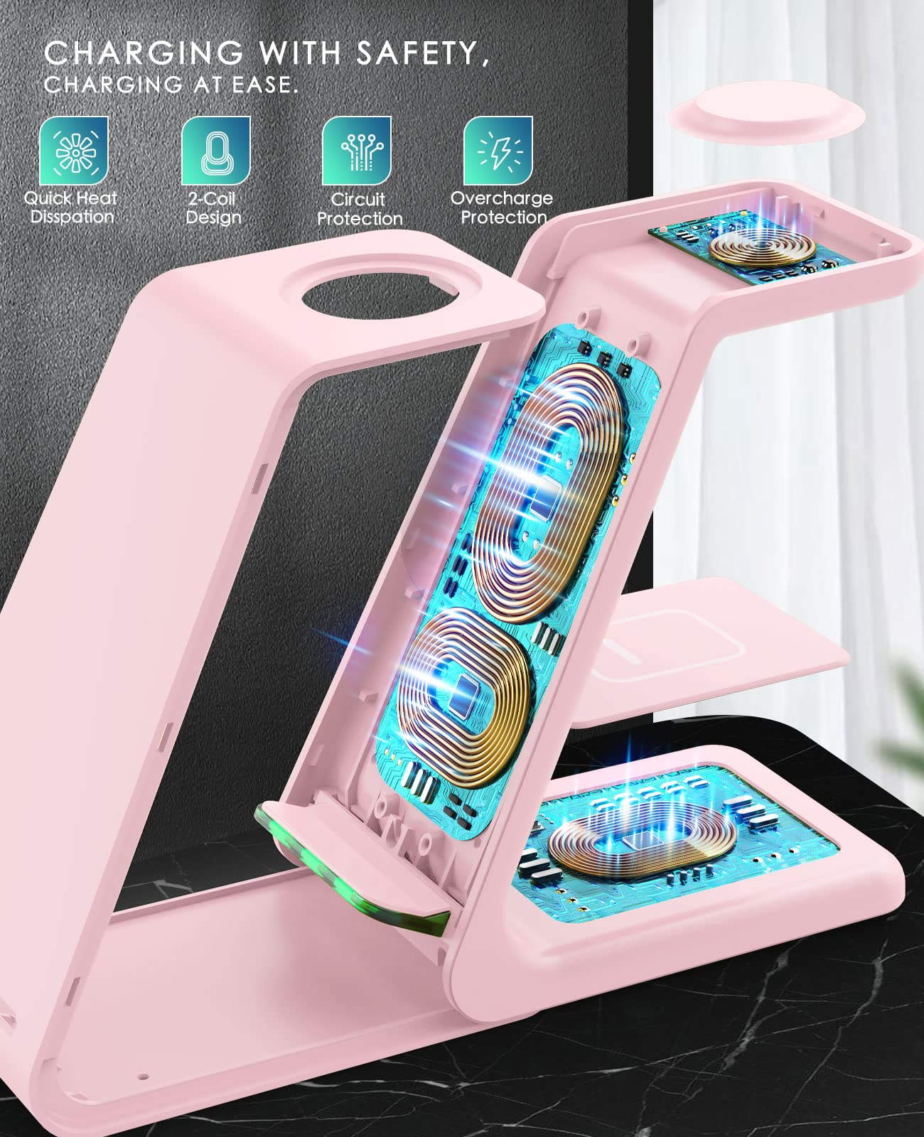 3-in-1 Fast Wireless Charging Station for iPhone 15/14/13/12/11 Pro Max/X/Xs/8 Plus, AirPods Pro/3/2 & Apple Watch Series Ultra/9/8/7/SE - Pink | Multi-Device Desk Charger Stand for Home, Office & Nightstand