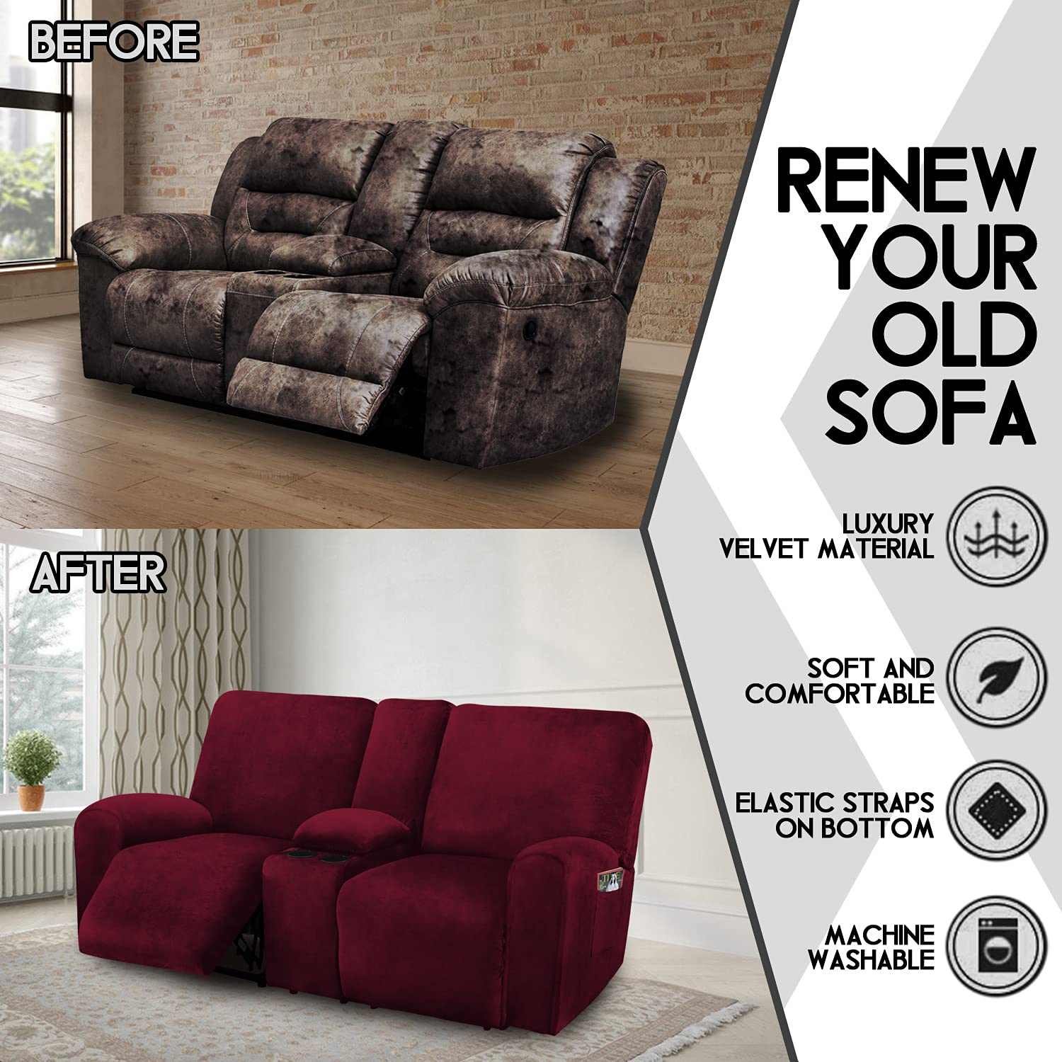 Reclining Loveseat Slipcover with Middle Console - 8-Piece Velvet Stretch Sofa Cover Set for 2-Seat Recliners | Soft, Thick & Washable Fabric | Burgundy Wine Color | Perfect for Living Room, Home Theater & Family Room Furniture Protection