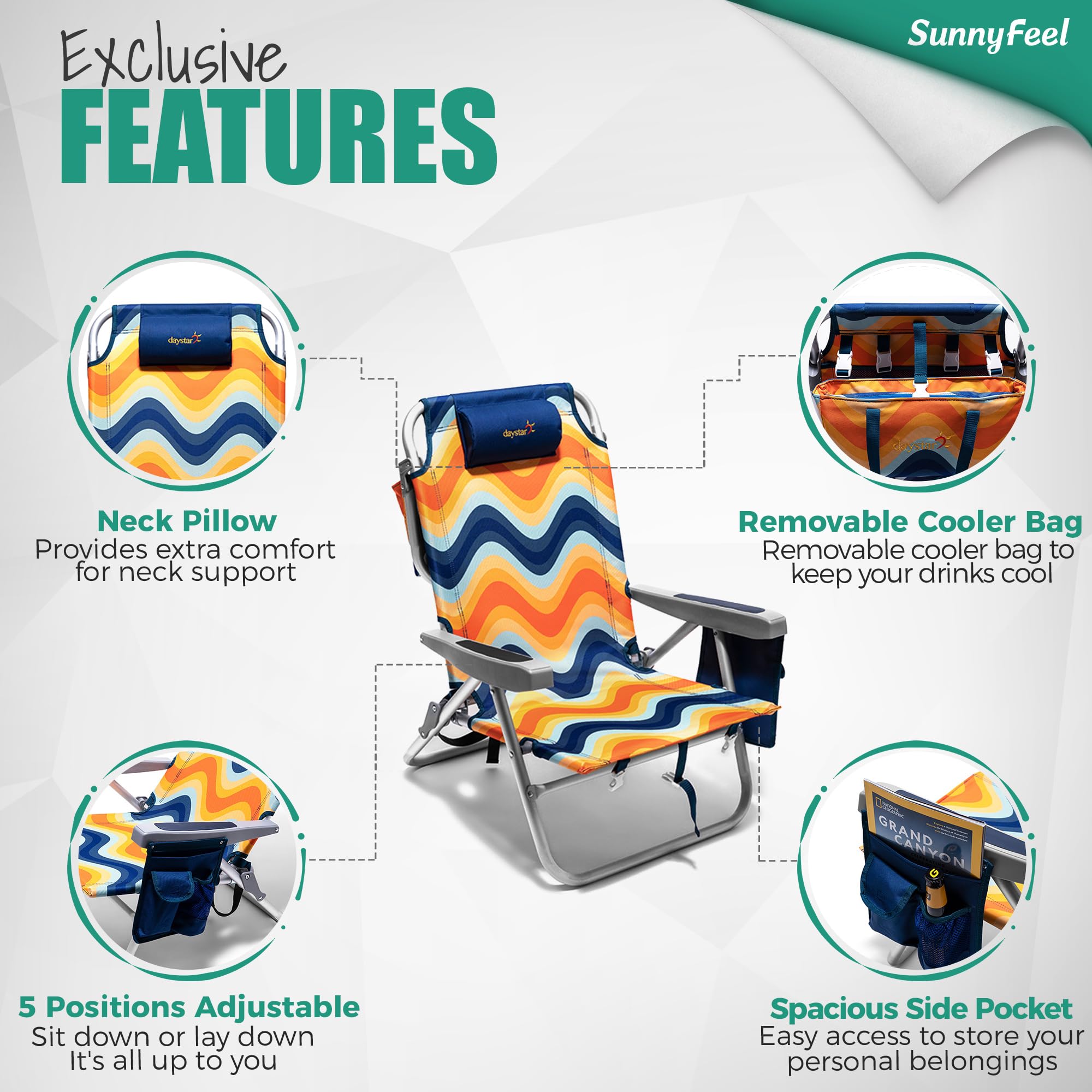 5-Position Reclining Beach Chair for Adults - Lightweight Folding Lounge Chair with Backpack Straps | Perfect for Beach, Pool, Camping, Backyard & Outdoor Relaxation | SUNNYFEEL Portable Lay Flat Recliner for Sand, Lawn, Sunbathing & Travel