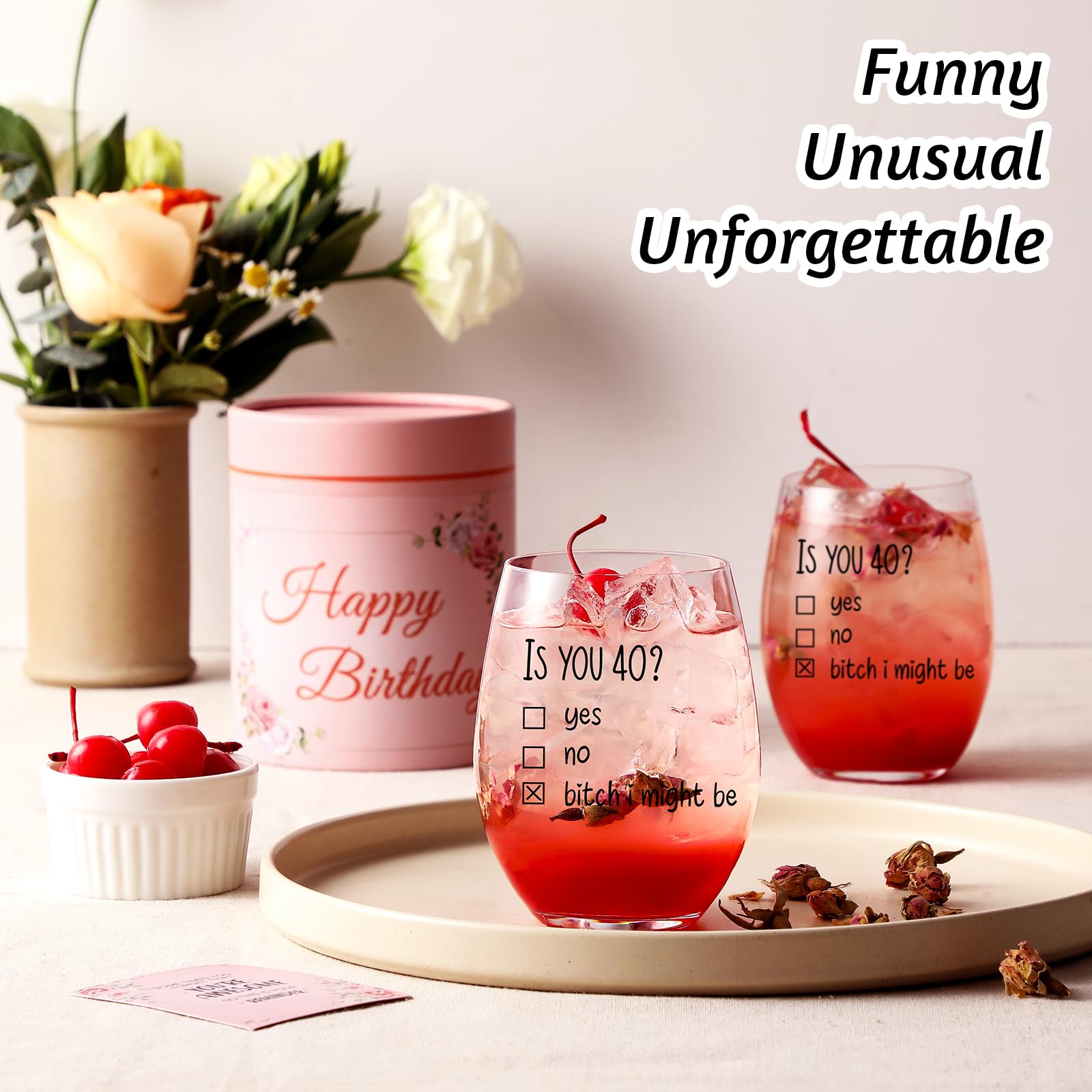 Funny 40th Birthday Wine Glass Gift Set for Women - Elegant Gift Box & Card Included - Perfect 40th Birthday Party Decorations - Great 40 Years Old Present for Her, Female Friends (Ideal for Birthday Celebrations, Girls Night Out, Milestone Parties)