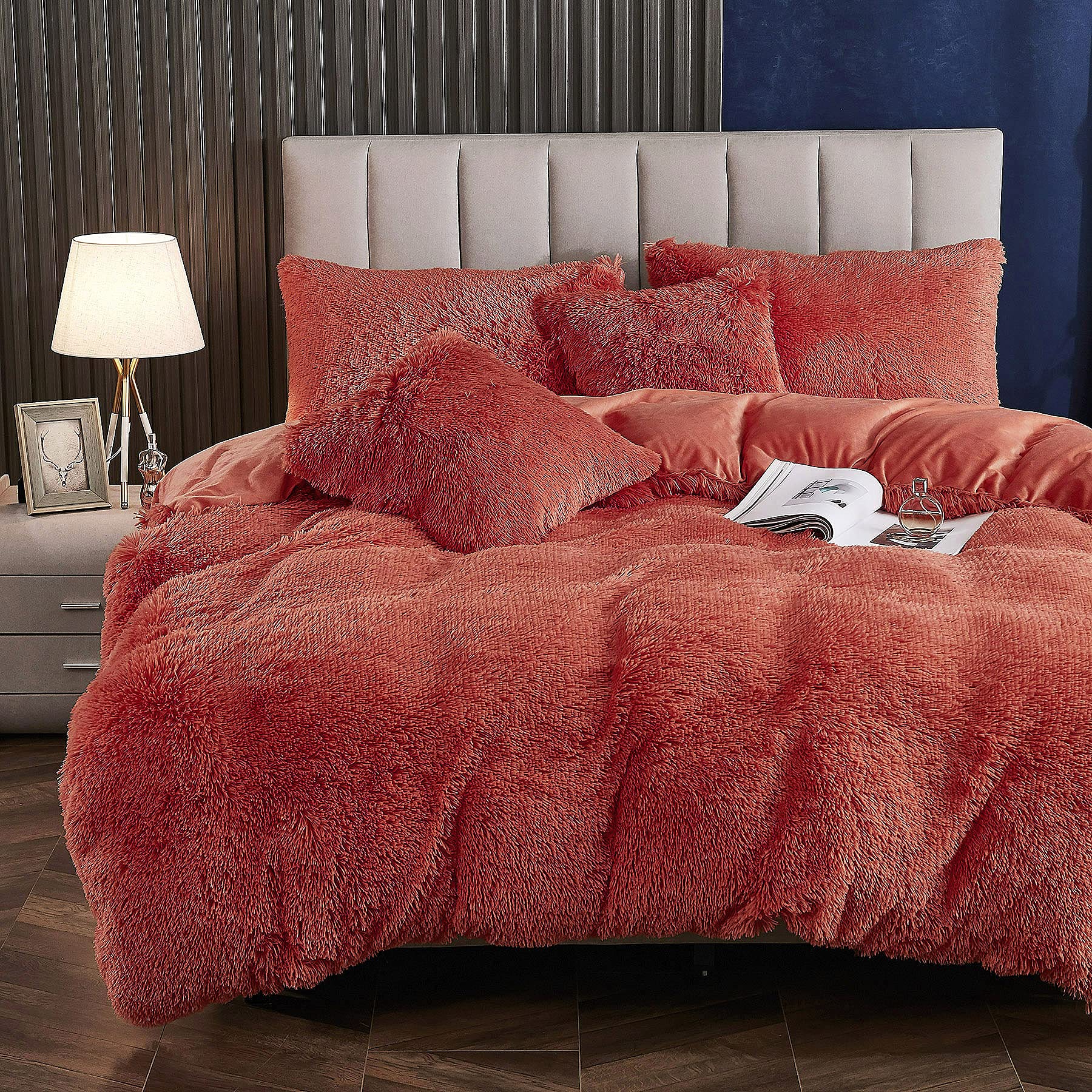 Luxury Ultra Soft Fluffy Faux Fur Duvet Cover Set - Queen Size Plush Shaggy Comforter with 2 Pillow Shams (Orange) | Cozy Bedroom Upgrade for Winter & Home Decor