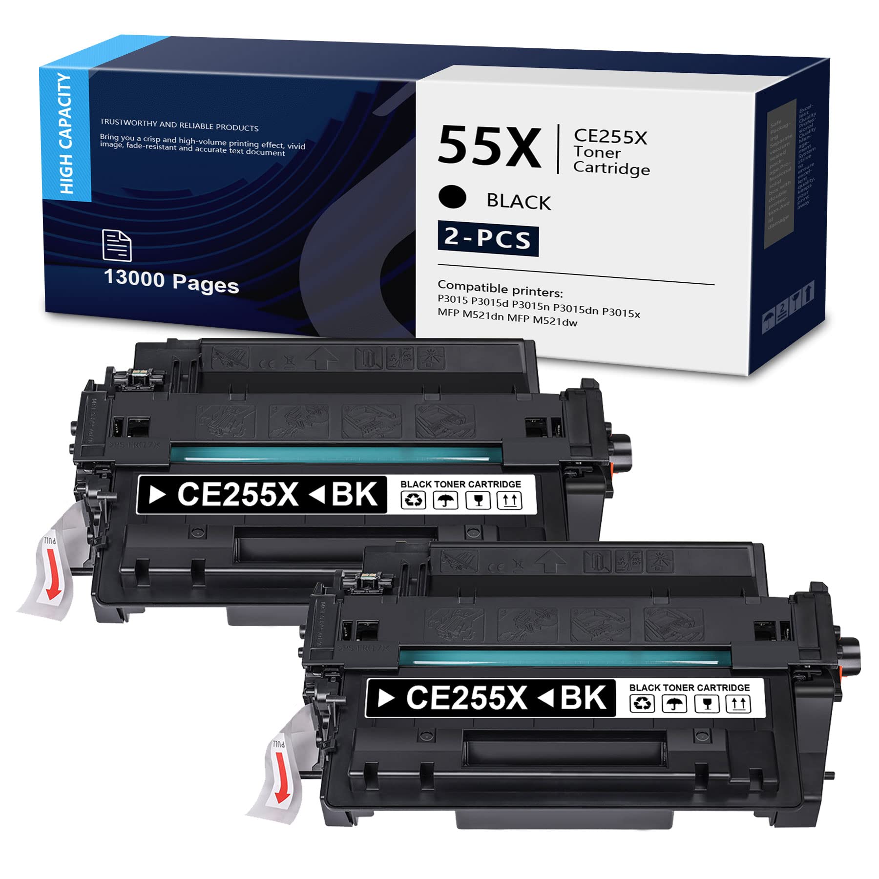 DOPHEN 2-Pack CE255X Black Toner Cartridge - High Yield Replacement for HP P3015, P3015d, P3015n, P3015dn, P3015x, M521dn, M521dw, M525dn, M525f, M525c Printers | Compatible with 55X & CE255X | Ideal for Office Printing & High-Volume Documents