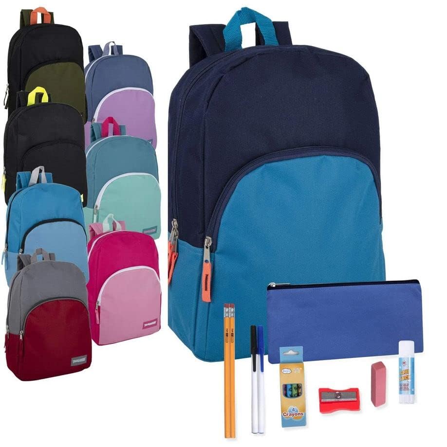 24 Pack Kids Backpacks with School Supplies - 15 Inch Bulk Backpacks & 12 Piece Wholesale Supply Kits (Mixed Colors) - Perfect for Back to School, Classroom Essentials & Student Gifts