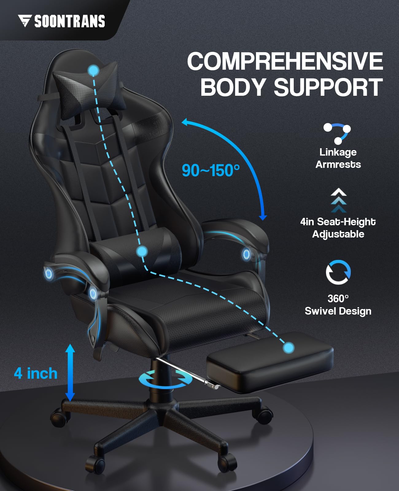 Soontrans Black Gaming Chair with Footrest - Ergonomic Computer Office Chair with Adjustable Headrest & Lumbar Support for PC Gamers - Perfect for Home Gaming Setup & Workstation (Dark Black)