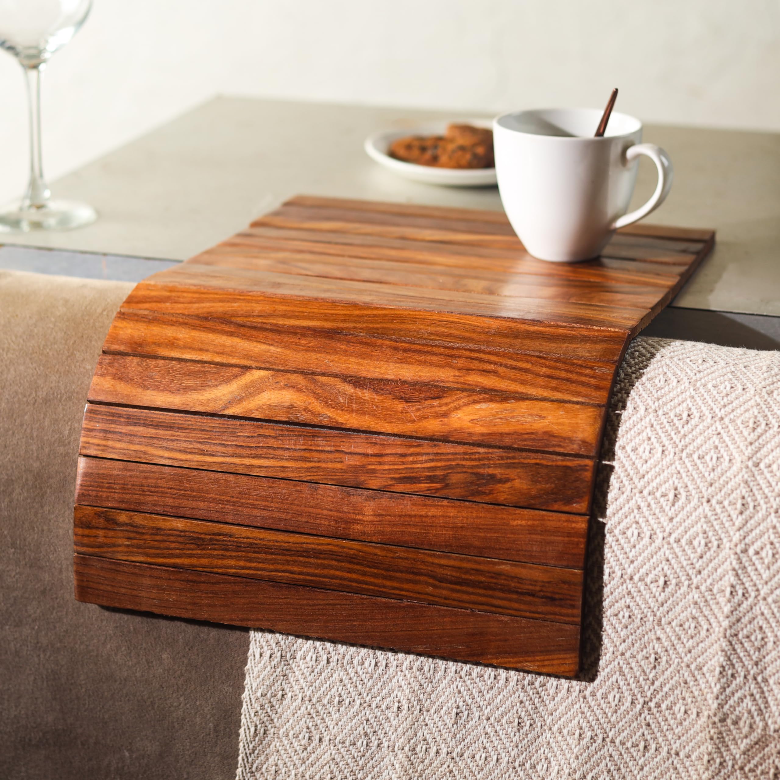 Flexible & Foldable Wooden Serving Tray - Sofa Armrest Tray & Rectangular Table Mat for Food, Drinks, Snacks (Brown) | Perfect for Living Room, Bedroom, Office & Outdoor Use
