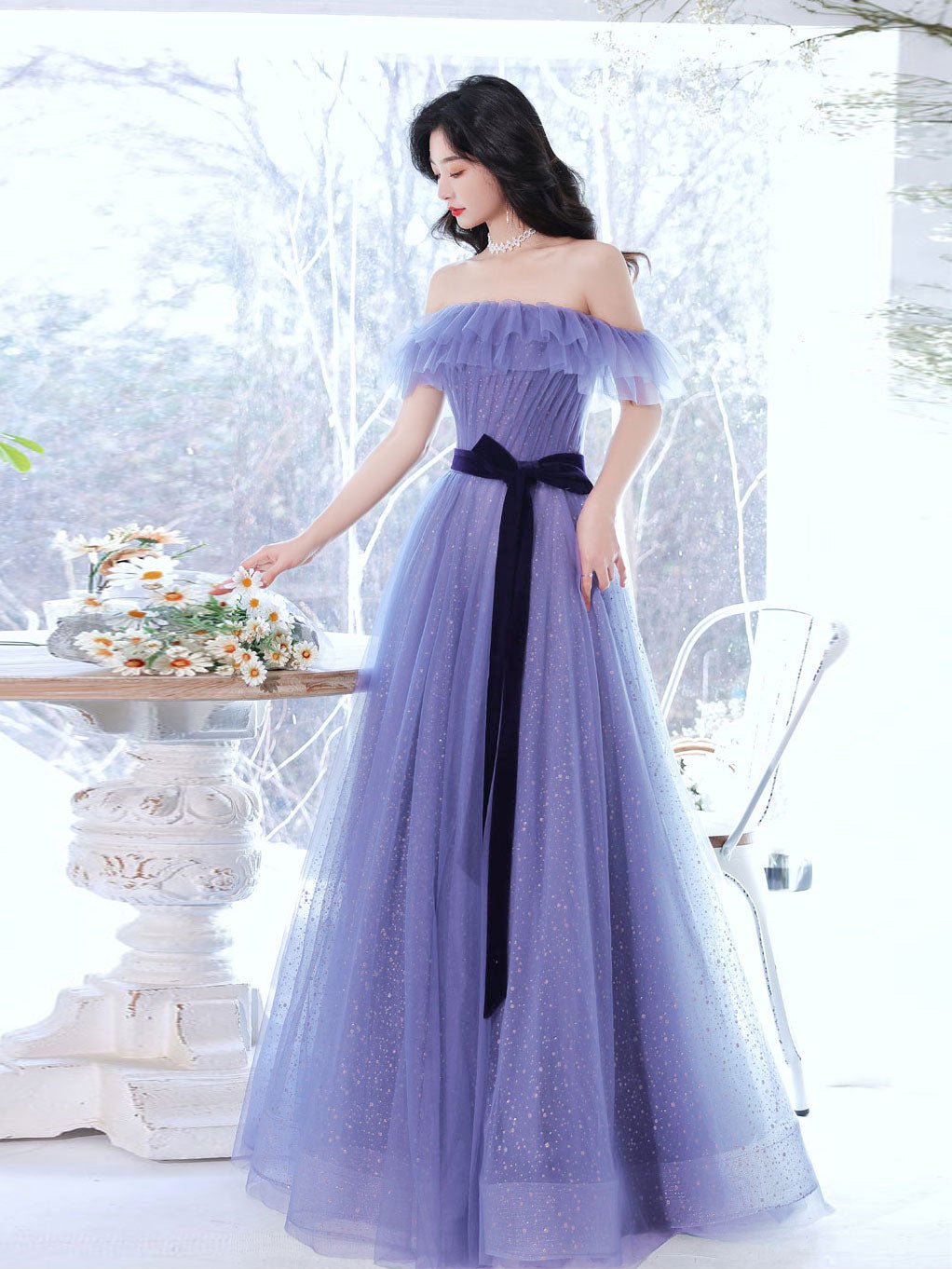 Elegant Purple A-Line Tulle Long Prom Dress - Off Shoulder Formal Gown for Graduation, Homecoming & Special Occasions