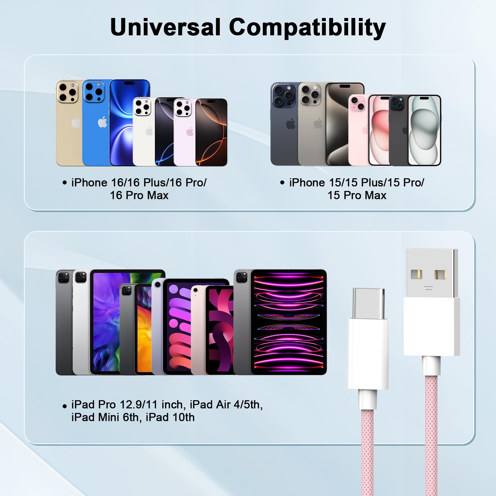 3-Pack 60W USB A to USB C Woven Fast Charging Cable - Compatible with iPhone 16 Pro Max/16/16 Plus/16 Pro/15/15 Plus/15 Pro/15 Pro Max - 6FT Pink CarPlay Charging Cord for Car, Home & Office Use