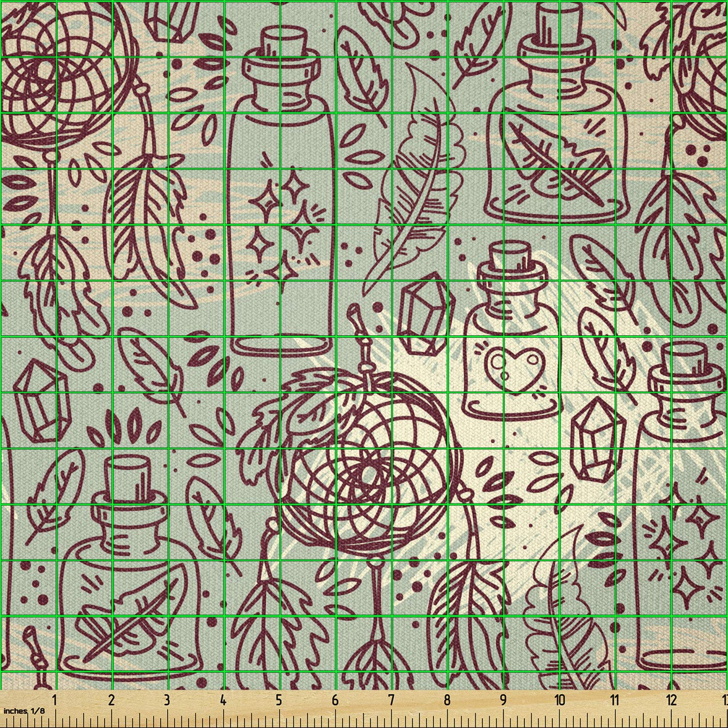 Ambesonne Boho Stretch Knit Fabric by The Yard - Feathers, Crystals, Bottles, Alchemy Design, Tribal Glass Flasks & Dreamcatcher Pattern - 10 Yards in Maroon Seafoam Ivory - Perfect for Clothing Sewing, DIY Arts & Crafts, Home Decor, and Bohemian Fashion Projects