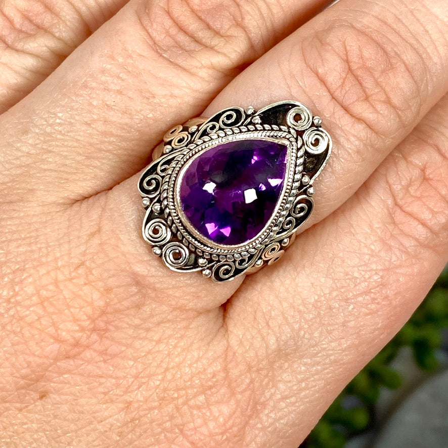 Boho Style Amethyst Teardrop Ring - Size 8 - KRGJ2773 | Elegant Purple Gemstone Jewelry for Women, Perfect for Weddings, Parties & Everyday Wear