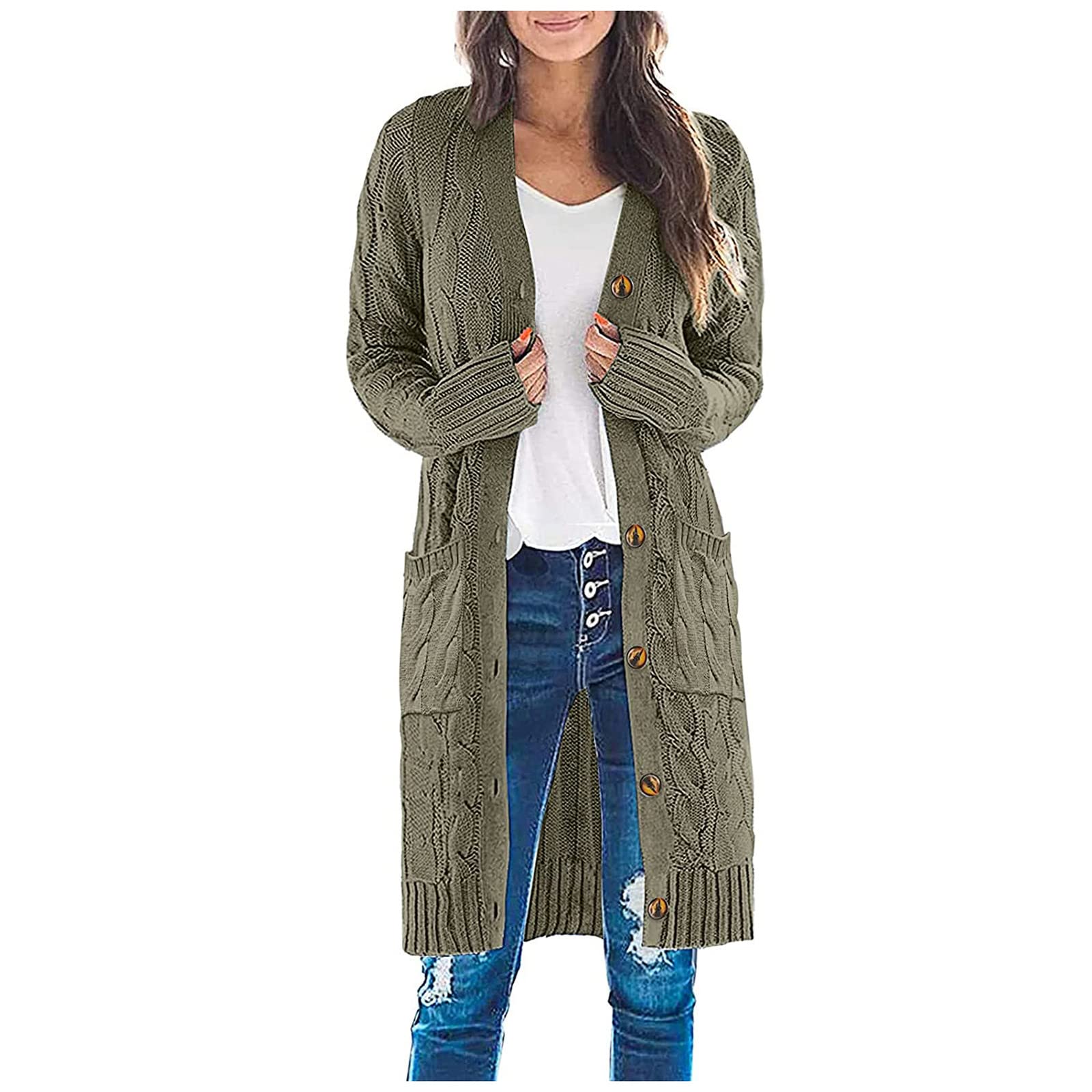 Kcocoo Women's Cable Knit Cardigan - Long Sleeve Open Front Loose Sweater with Pockets | Cozy Waffle Knit Coat for Casual Wear, Office, and Fall Layering