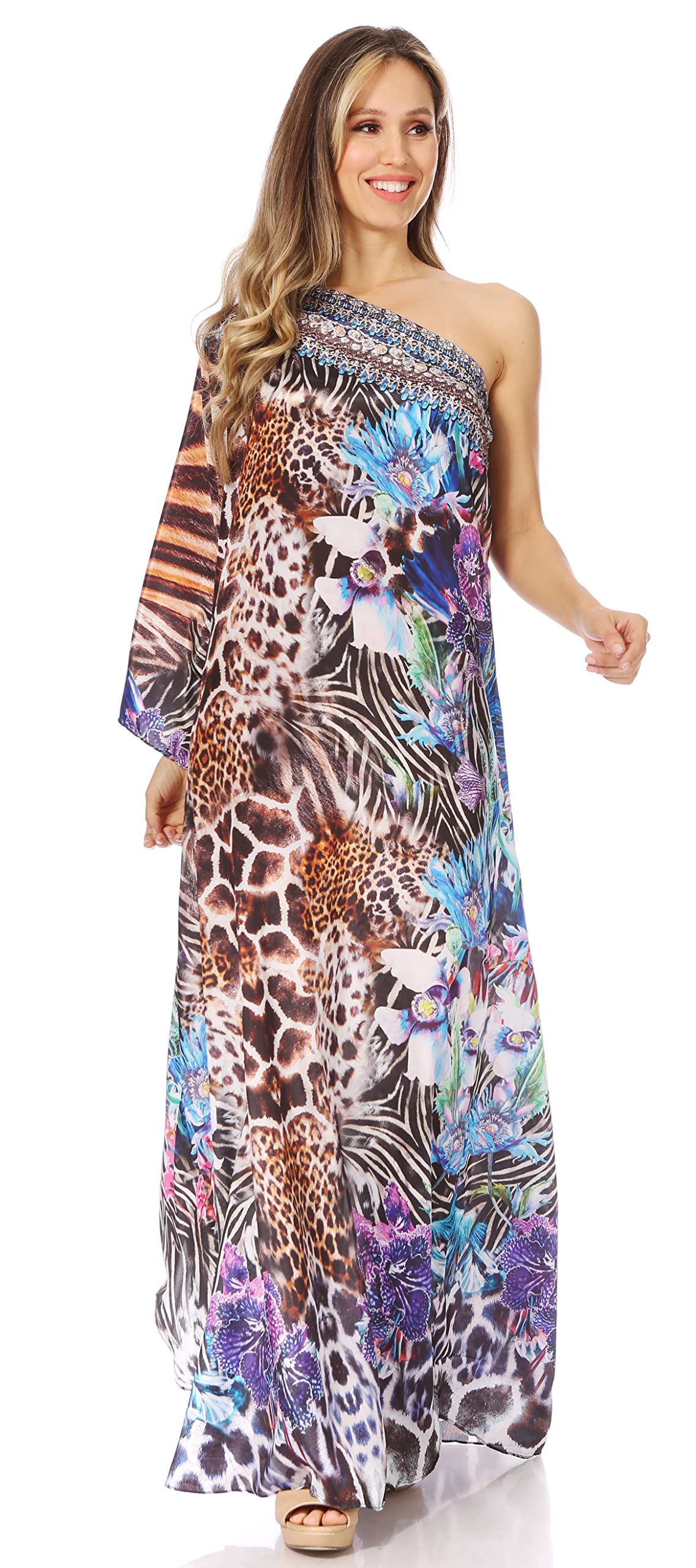 Sakkas Dora Women's One Shoulder Short Sleeve Floral Print Maxi Dress - Elegant Casual Summer Beach Party Wedding Guest Dress