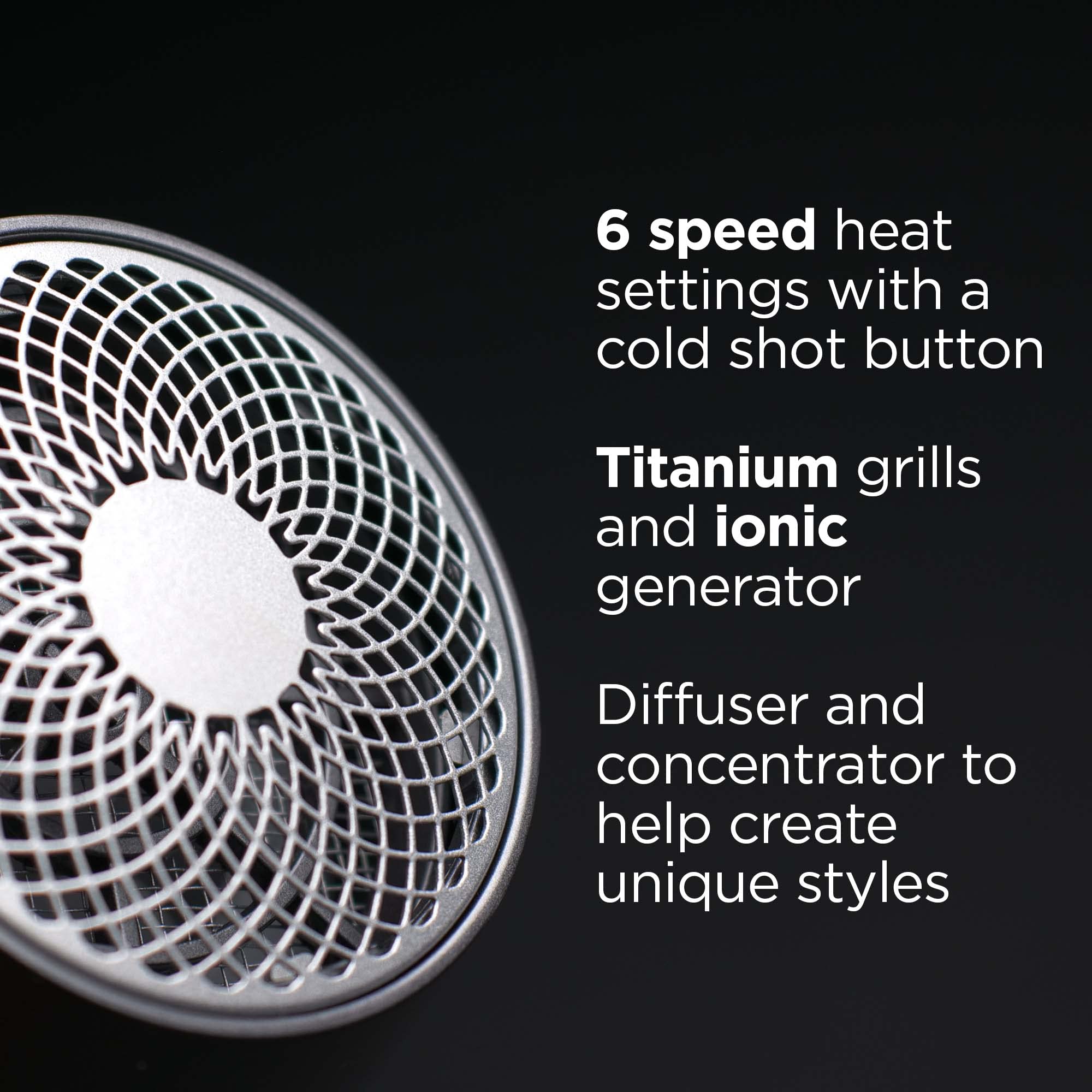RUSK PRO Speed Titanium Hair Dryer - Ionic Technology for Frizz-Free Hair | 6 Heat & Speed Settings with AC Motor | Includes Diffuser & Concentrator for Salon-Quality Styling | Perfect for Home Use, Travel & Professional Salons