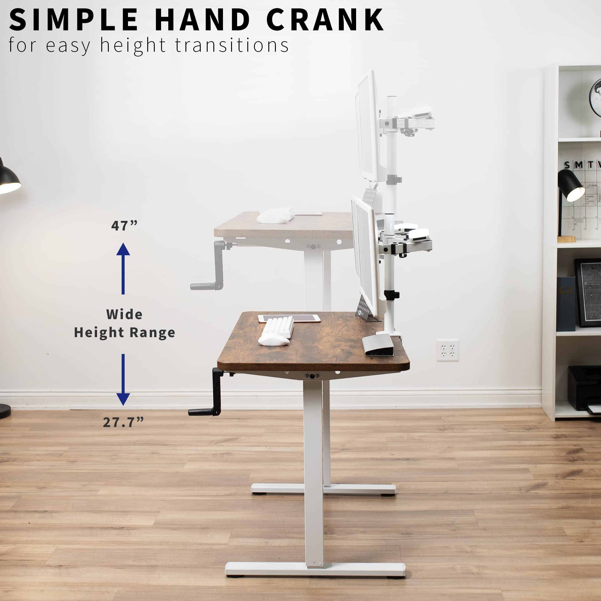 VIVO Compact Hand Crank Standing Desk Frame for 35-71 Inch Table Tops - Ergonomic Height Adjustable Base with Foldable Handle, White (DESK-M051MW) - Perfect for Home Office, Study & Workspace