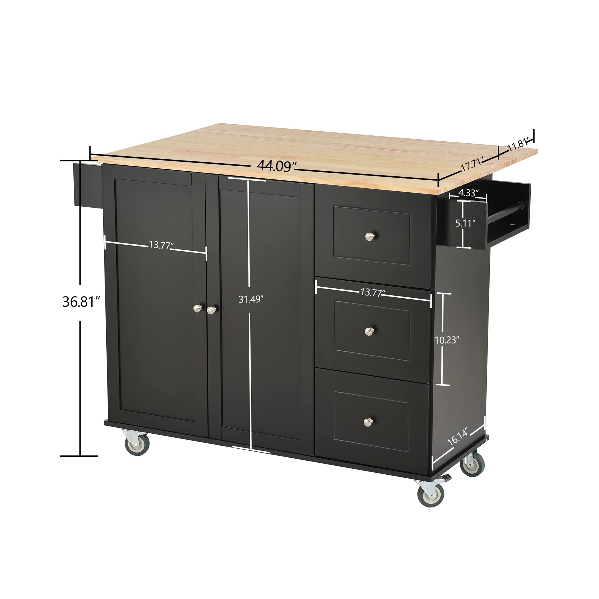 **Solid Wood Kitchen Island Cart with Storage - Rolling Kitchen Trolley with Drop Leaf, Drawers, Towel Rack & Spice Rack - Mobile Kitchen Organizer for Small Spaces (Black) - Perfect for Meal Prep, Entertaining & Extra Counter Space**