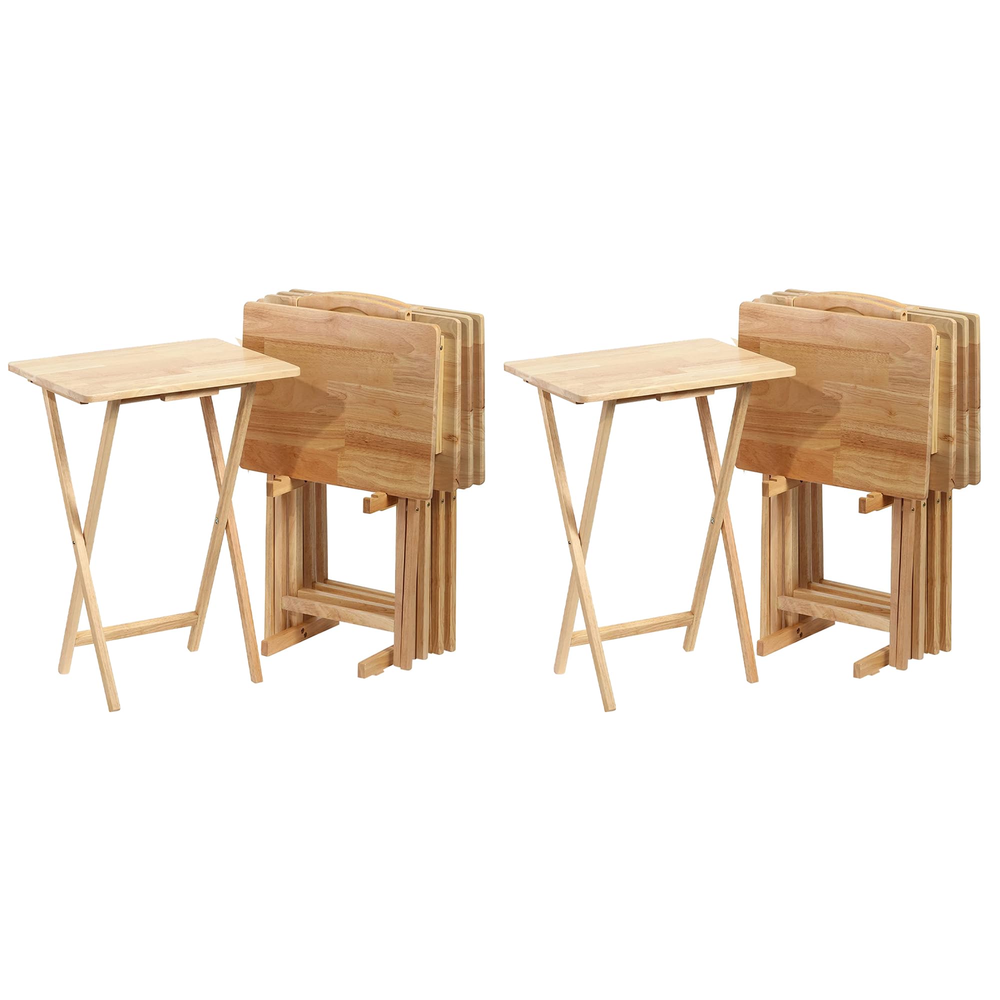 Premium Solid Wood Folding TV Tray Table with Storage Rack - 10-Piece Portable Snack Serving Tray Set for Living Room, Bedroom & Outdoor Use - Natural Finish Rectangle Design - Compact Space-Saving Solution