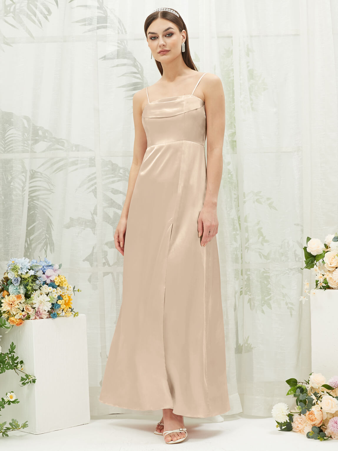 Elegant Champagne Satin Convertible Bridesmaid Dress with High Slit & Floor Length - Perfect for Weddings, Formal Events & Special Occasions