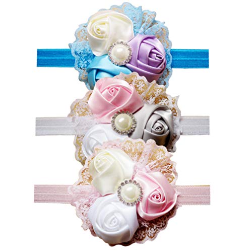 Amosfun 3Pcs Baby Hair Bands - Soft Elastic Headbands for Newborn Girls, Rose Lace Headwraps for Infants, Cute Hair Accessories for Toddlers | Perfect for Birthday Parties, Christmas Photos & Special Occasions