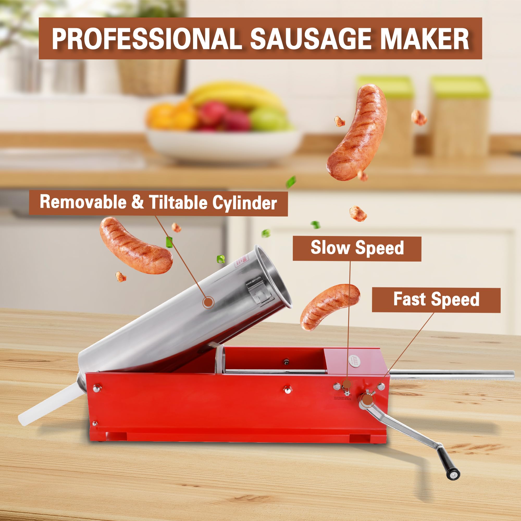 11 Lbs (5 Liter) Hakka 2-Speed Horizontal Sausage Stuffer - Heavy Duty Steel Sausage Maker for Home Kitchen & Commercial Use - Perfect for Making Italian, German, and Breakfast Sausages