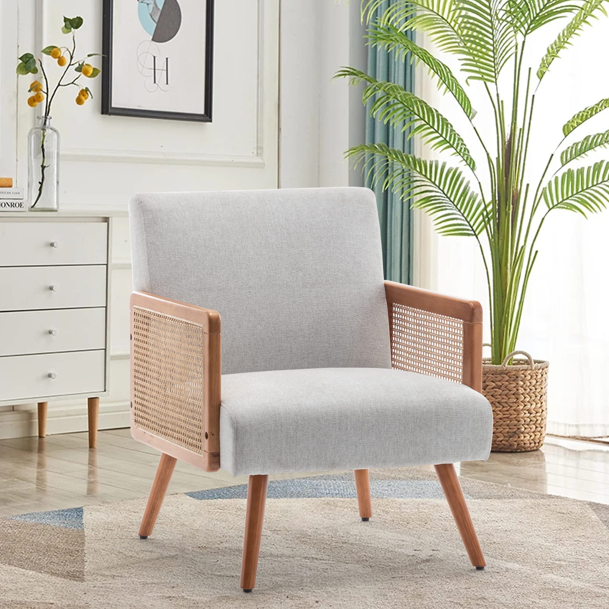 Mid Century Modern Accent Chair with Rattan Arms - Upholstered Linen Lounge Chair for Bedroom, Living Room & Reading Nook - Beige Comfy Armchair Perfect for Relaxing, Entertaining & Home Decor