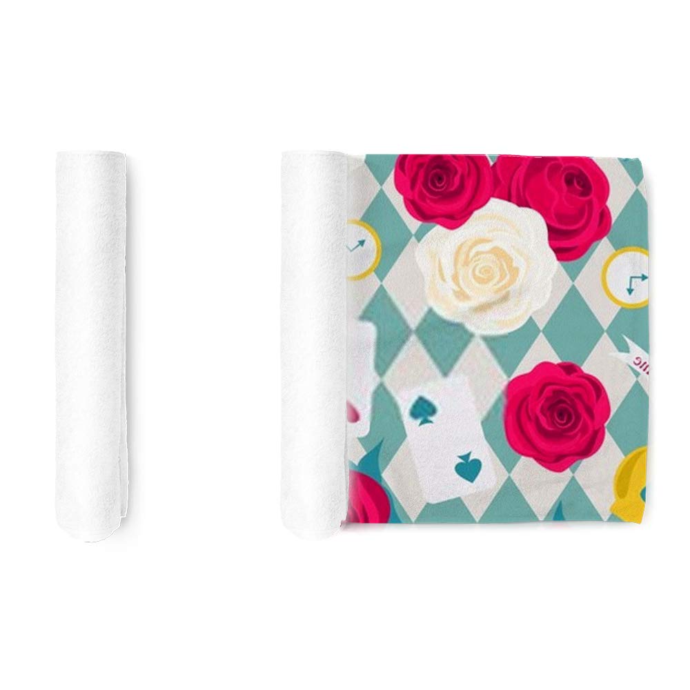 Kuizee Ultra Soft Microfiber Hand Towel & Face Towel Set - 30x15 Inch, Highly Absorbent, Stylish Roses Card Key Clock Wonderland Blue Design - Perfect for Bathroom, Gym, Travel & Spa Use