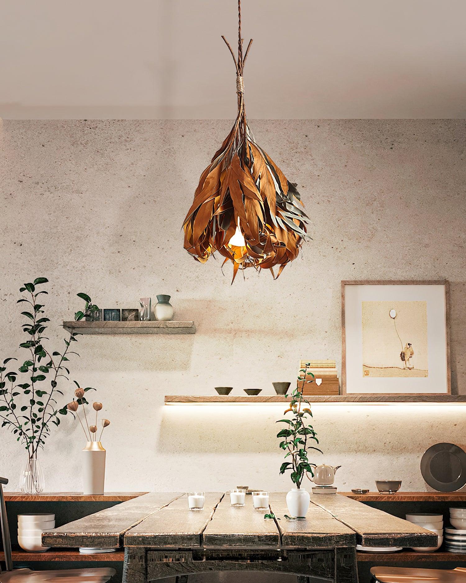 Handmade Dried Branch Leaf Pendant Light - Natural Boho Chandelier for Living Room, Bedroom & Dining Room Decor