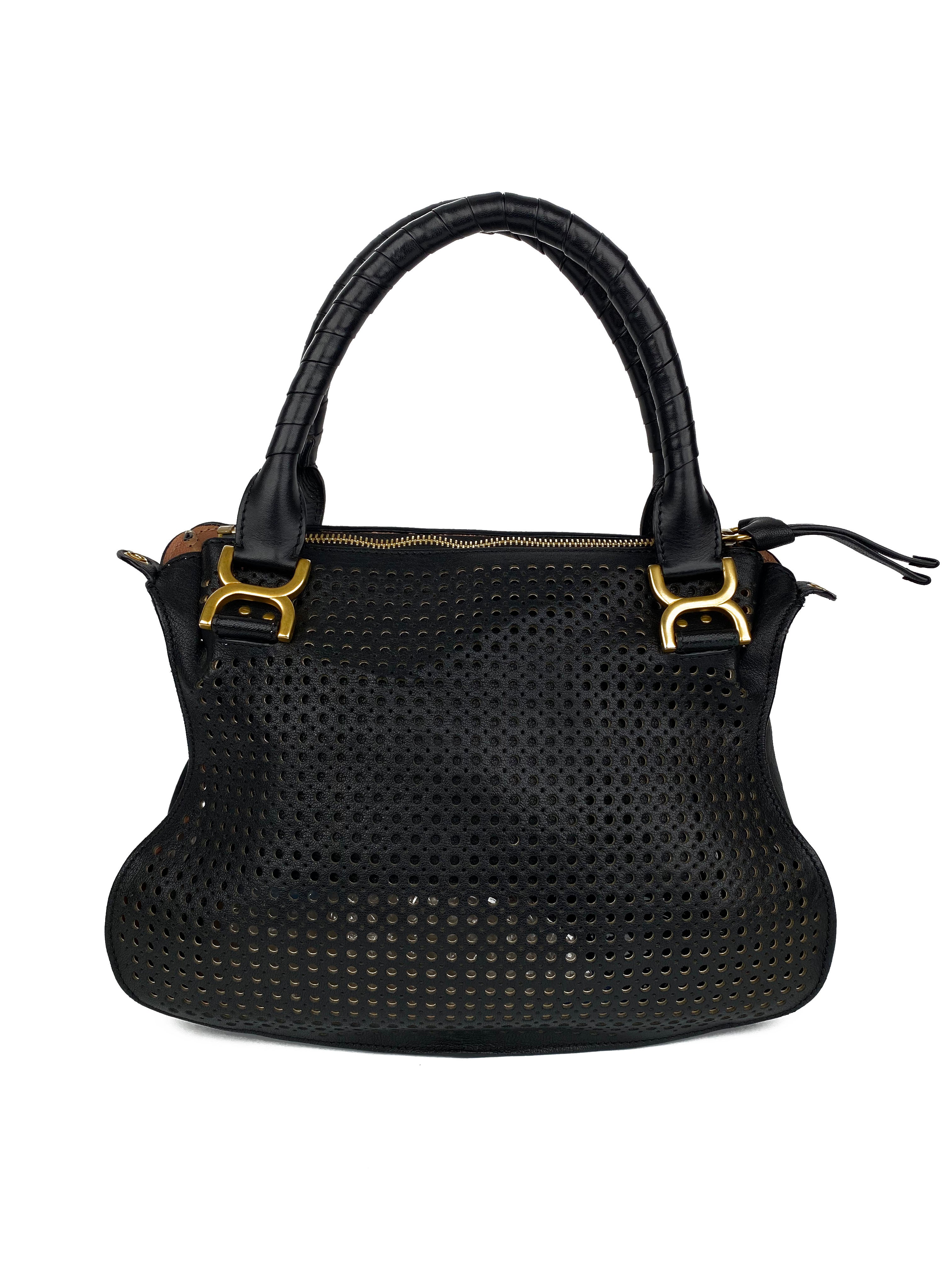 Chloe Black Marcie Perforated Leather Tote Bag for Women - Stylish Designer Handbag for Work, Travel & Everyday Use