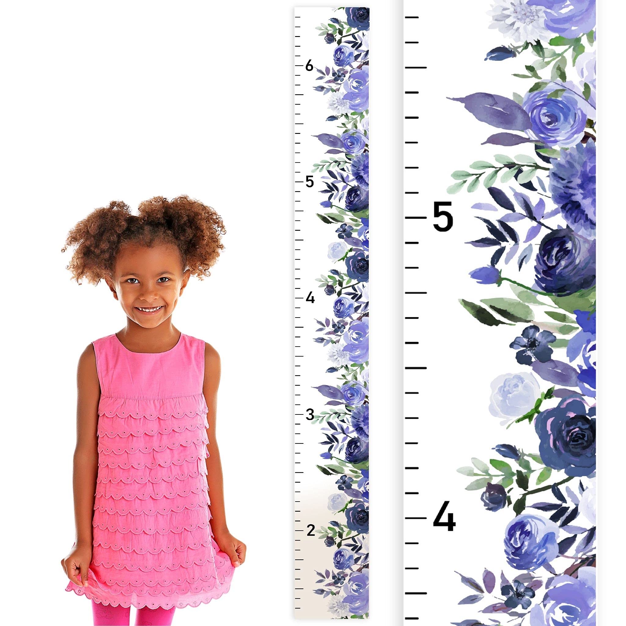 Headwaters Studio Wooden Growth Chart Ruler for Girls - Floral Themed Blue Wall Decor - Kids Nursery Height Measurement Tool & Room Hanging Decoration | Perfect for Baby Showers, Birthday Gifts & Home Décor