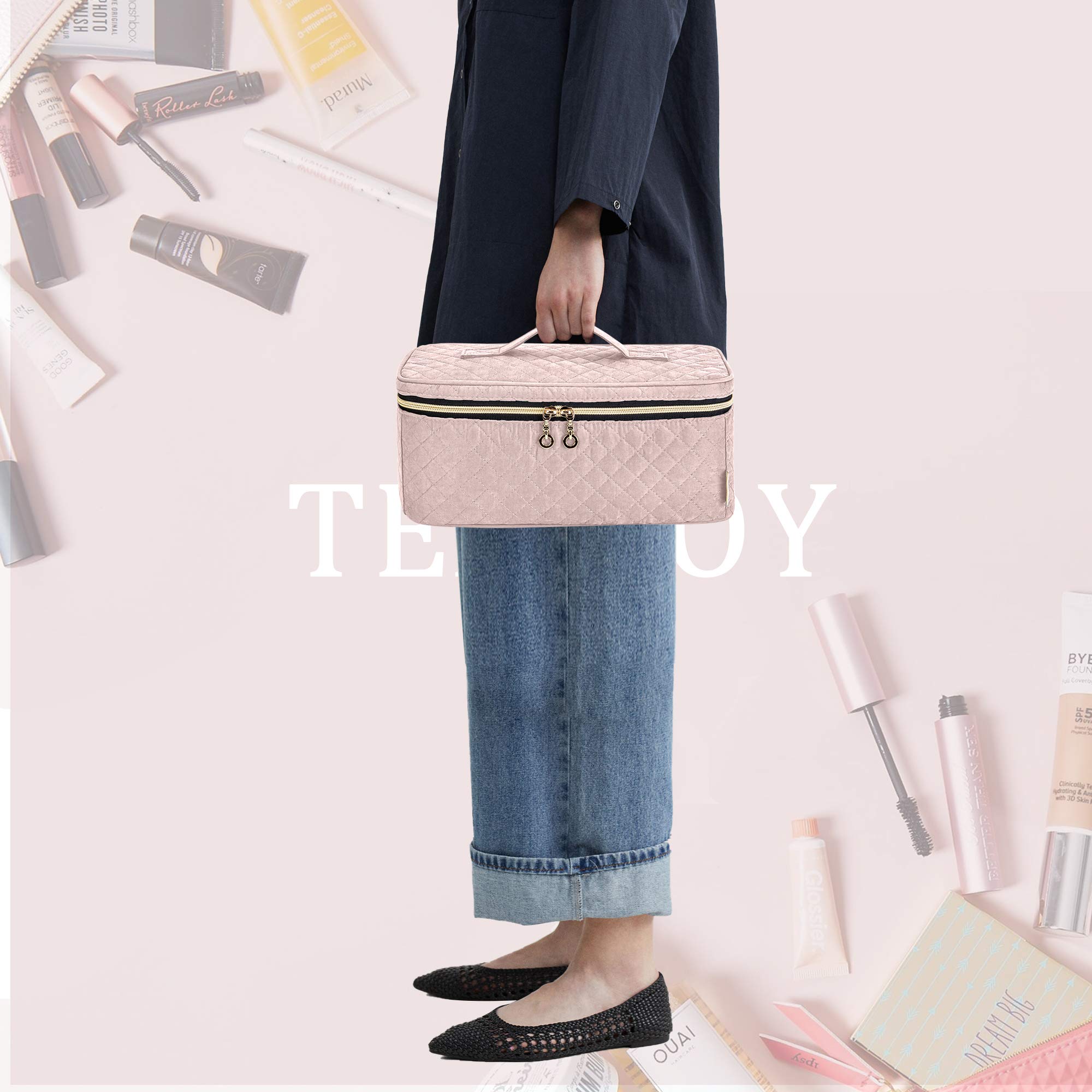 Teamoy Travel Makeup Brush Case – Large Cosmetic Organizer Bag with Handle for Makeup Brushes (Up to 8 Inch) & Beauty Essentials, Misty Rose (Bag Only) – Perfect for Travel, Salon & Home Makeup Storage