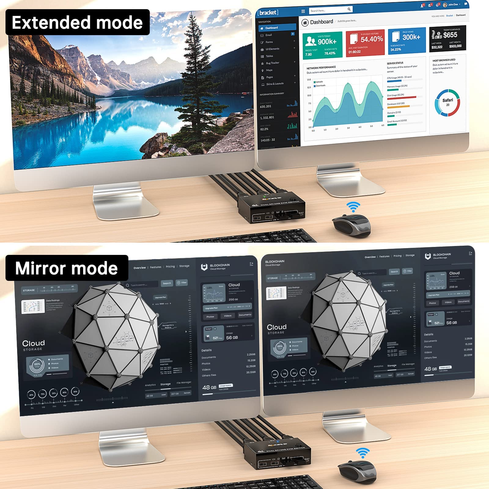 YOUTINGHDAV DP KVM Switch Dual Monitor 4K@144Hz, 2-Port DisplayPort 1.4 for 2 Computers - Share Keyboard, Mouse & Printer with DP/USB Cables - Perfect for Gaming, Office & Multi-Tasking Workstations