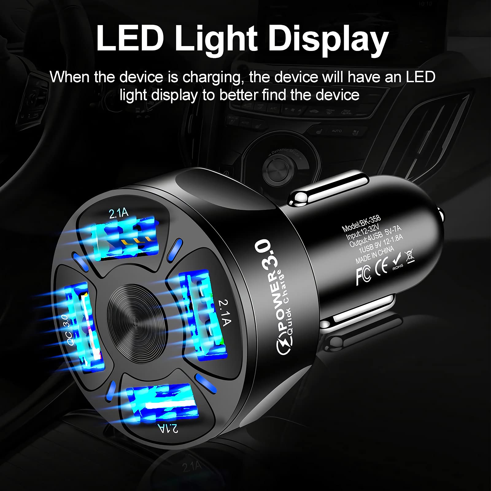 35W Fast Car Charger with QC3.0 & 4 USB Ports - Dual 3A & 1.8A Outputs for iPhone 15/14/13/12/11/X/8, Samsung Galaxy - Compact Cigarette Lighter Adapter for Road Trips & Daily Commute