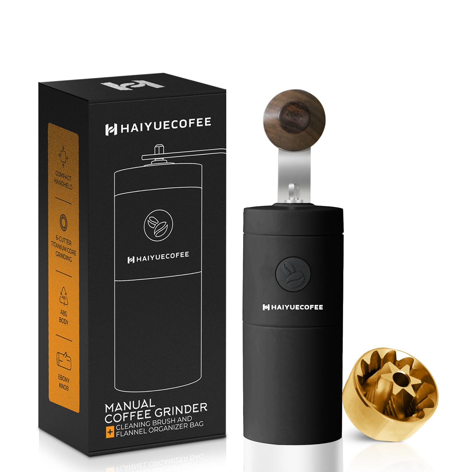 Premium Manual Coffee Grinder - Adjustable Hand Crank Coffee Bean Mill with Titanium Coated Burr, Ergonomic Ebony Wood Handle & Aluminum Alloy Body - Perfect for Espresso, French Press & Pour Over - Includes Cleaning Brush & Travel Storage Bag (Black) - Ideal for Home, Office & Camping Use