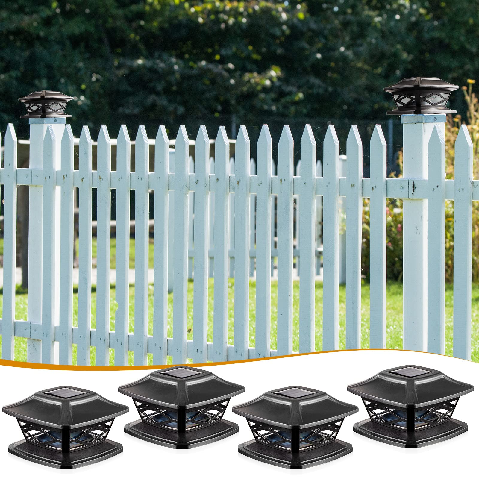 16 Pack Solar LED Post Cap Lights - Waterproof Outdoor Fence Lighting for 4x4 5x5 6x6 Posts - Solar Powered Deck Lights for Garden, Patio, Yard & Pathway Illumination (Black)