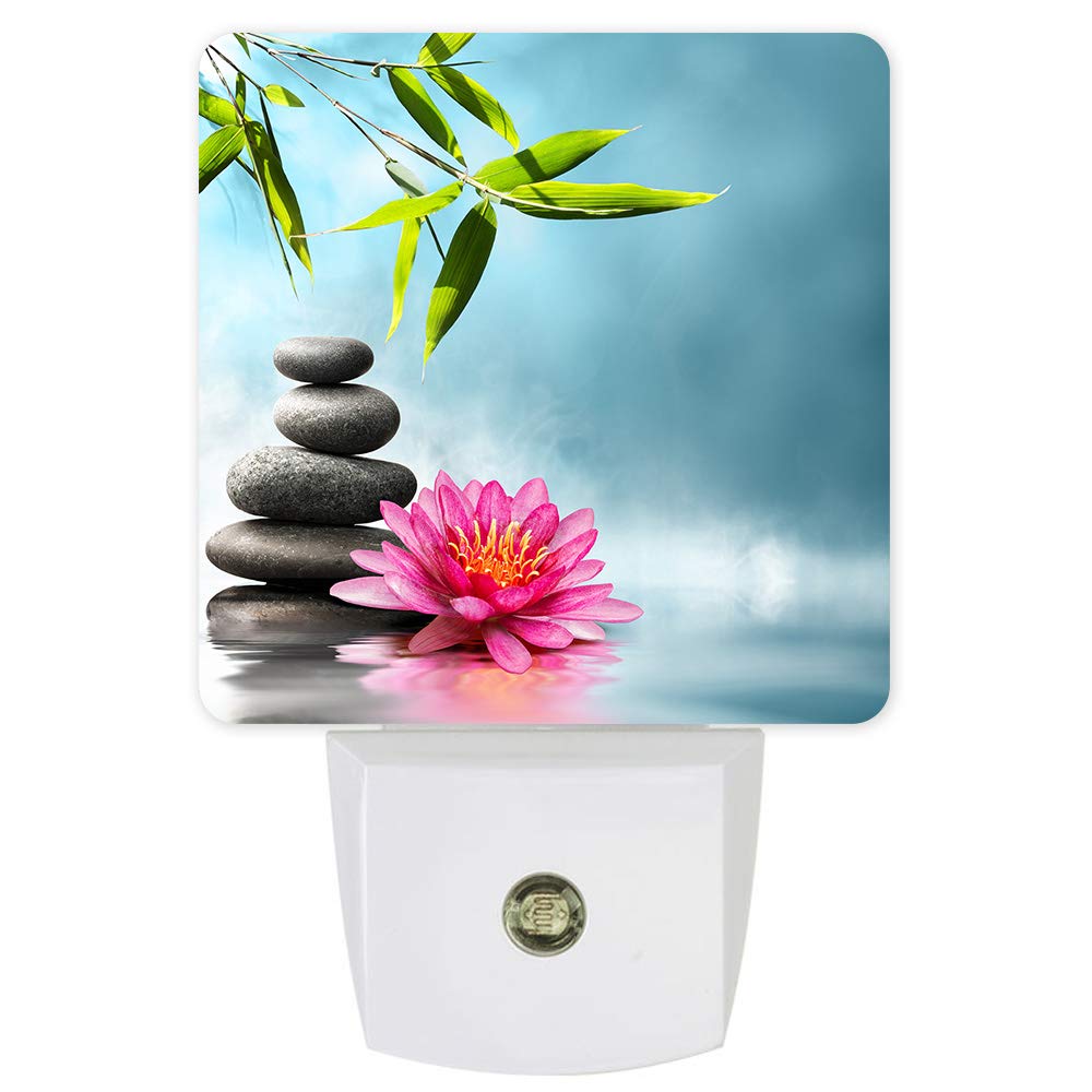 Auto On/Off LED Night Light with Dusk to Dawn Sensor - Chinese Style Bamboo & Stone Lotus Flower Plug-in Light for Home Decor - Perfect for Bedroom, Bathroom, Kitchen, Kids Room, Hallway, Stairs & Nursery