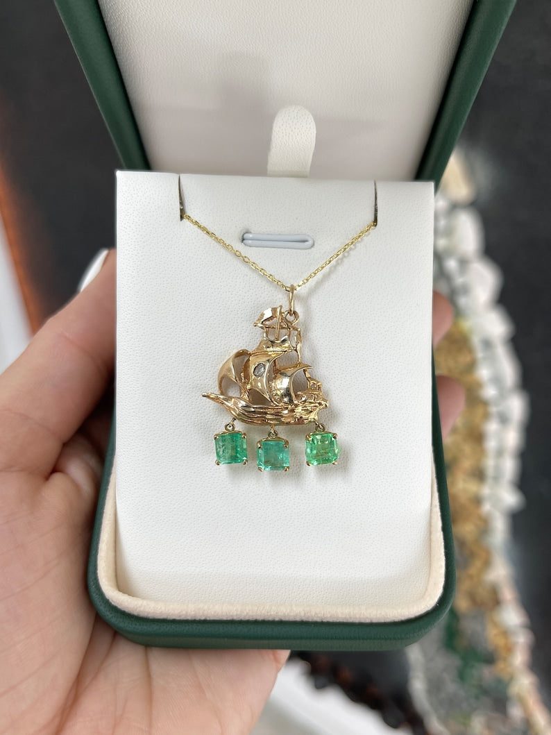 2.95tcw 14K Gold Colombian Emerald & Diamond Pirate Sailor Boat Pendant Necklace - Perfect for Nautical Themed Parties, Beach Vacations & Unique Gifts