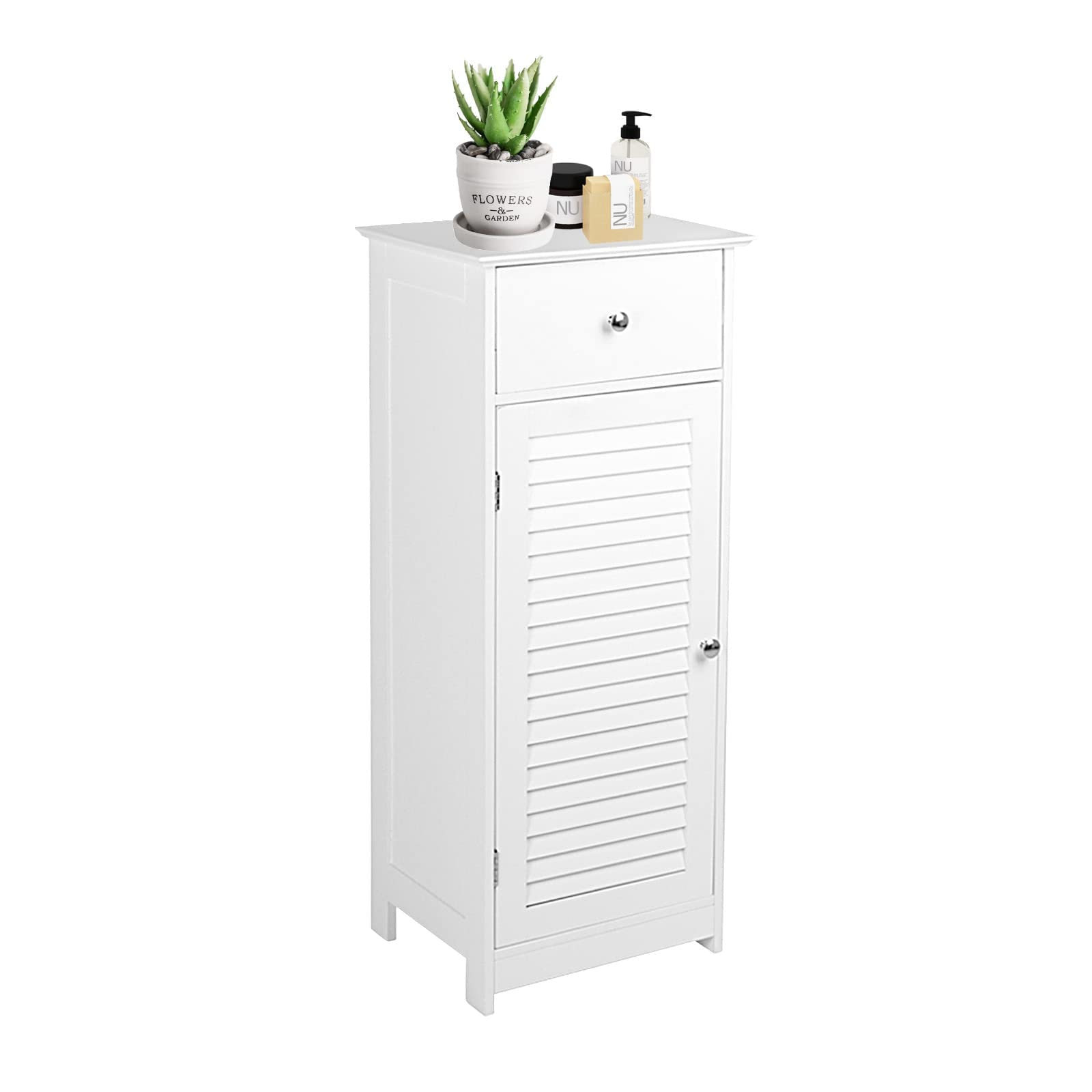 White Wooden Freestanding Bathroom Floor Cabinet with Drawer - 14.5