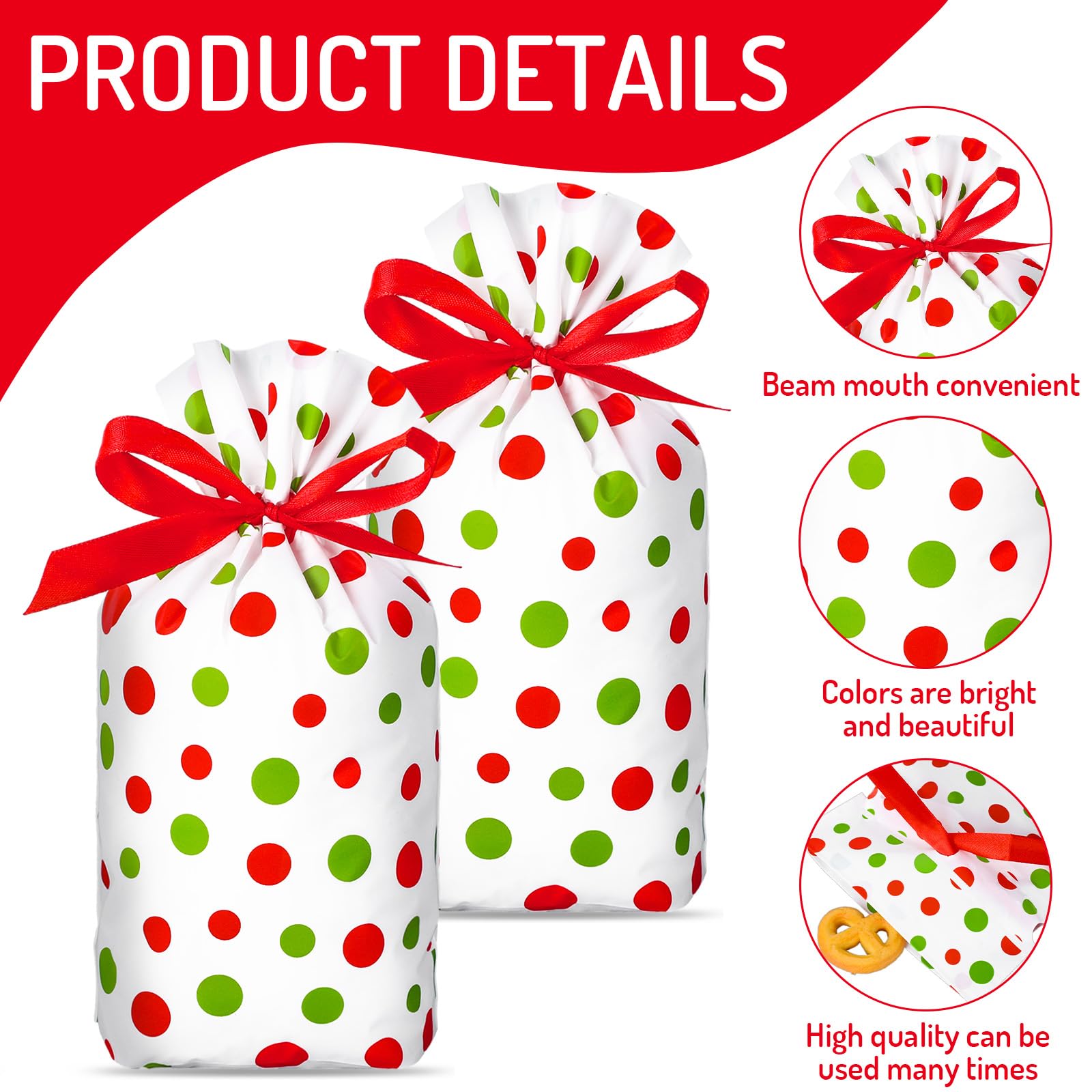 50Pcs Christmas Candy Bags with Red Green Dots - Holiday Treat Bags for Cookies & Goodies - Drawstring Gift Bags for Xmas Party Favors, Birthday, Baby Shower & Wedding - Perfect for Holiday Gift Wrapping & Party Supplies