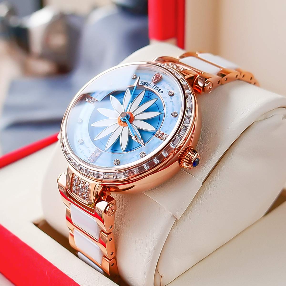 REEF TIGER RGA1599 Luxury Women's Automatic Watch with Diamond Bezel - Elegant Lily Design for Business, Party & Everyday Wear
