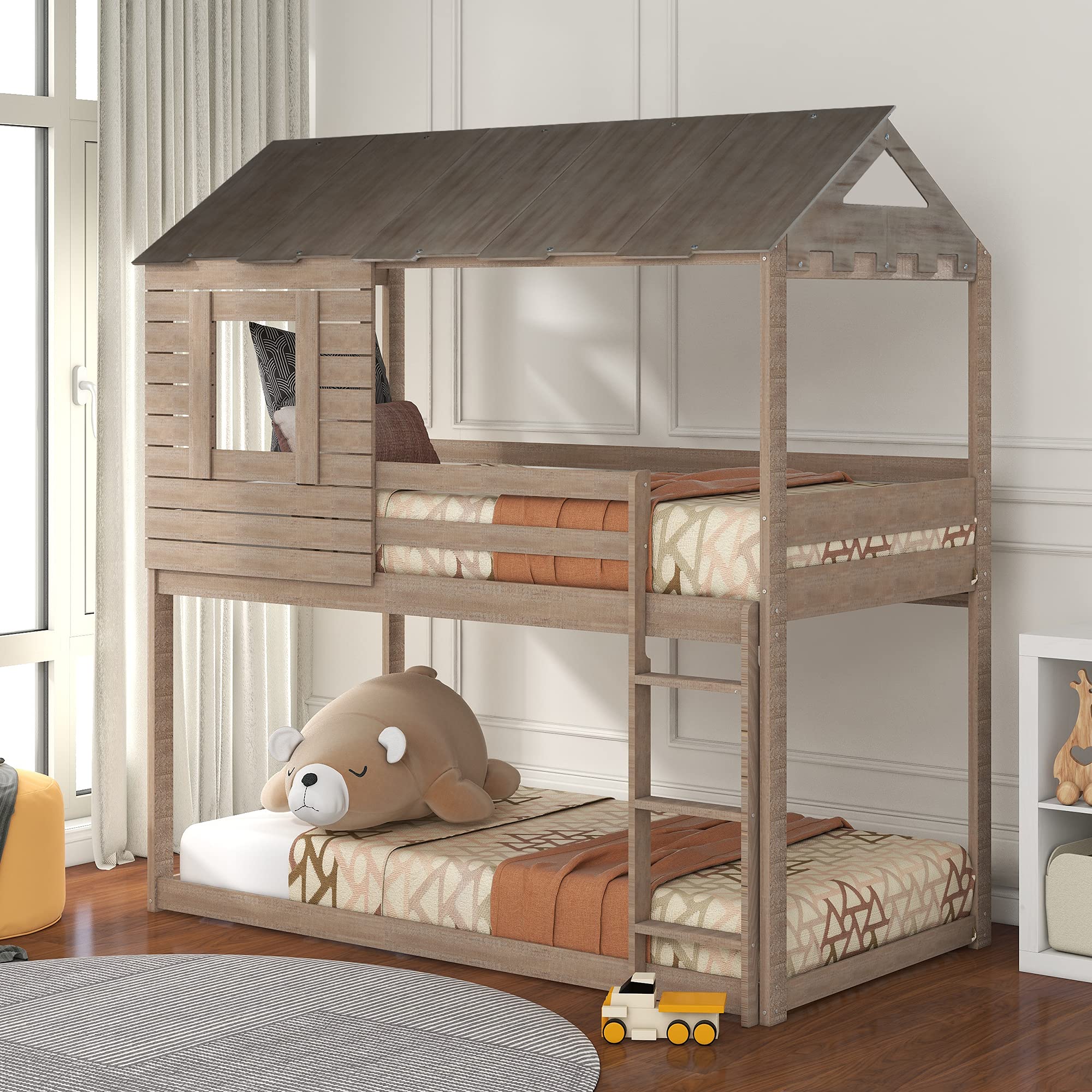Kids Twin Over Twin Wooden Bunk Bed with Roof, Window, Guardrail & Ladder - Solid Wood Slat Support, No Box Spring Needed (Antique Gray) - Perfect for Shared Kids' Rooms, Sleepovers & Space-Saving Bedroom Solutions