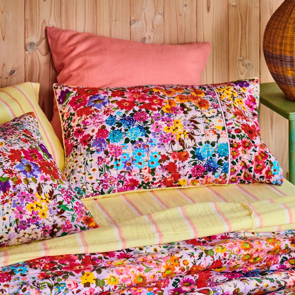 Full Bloom Reversible Linen Quilted Pillowcase Set - 2 Standard Size Pillow Covers for Bedroom Decor, Sofa & Guest Room - Soft & Breathable Home Textiles