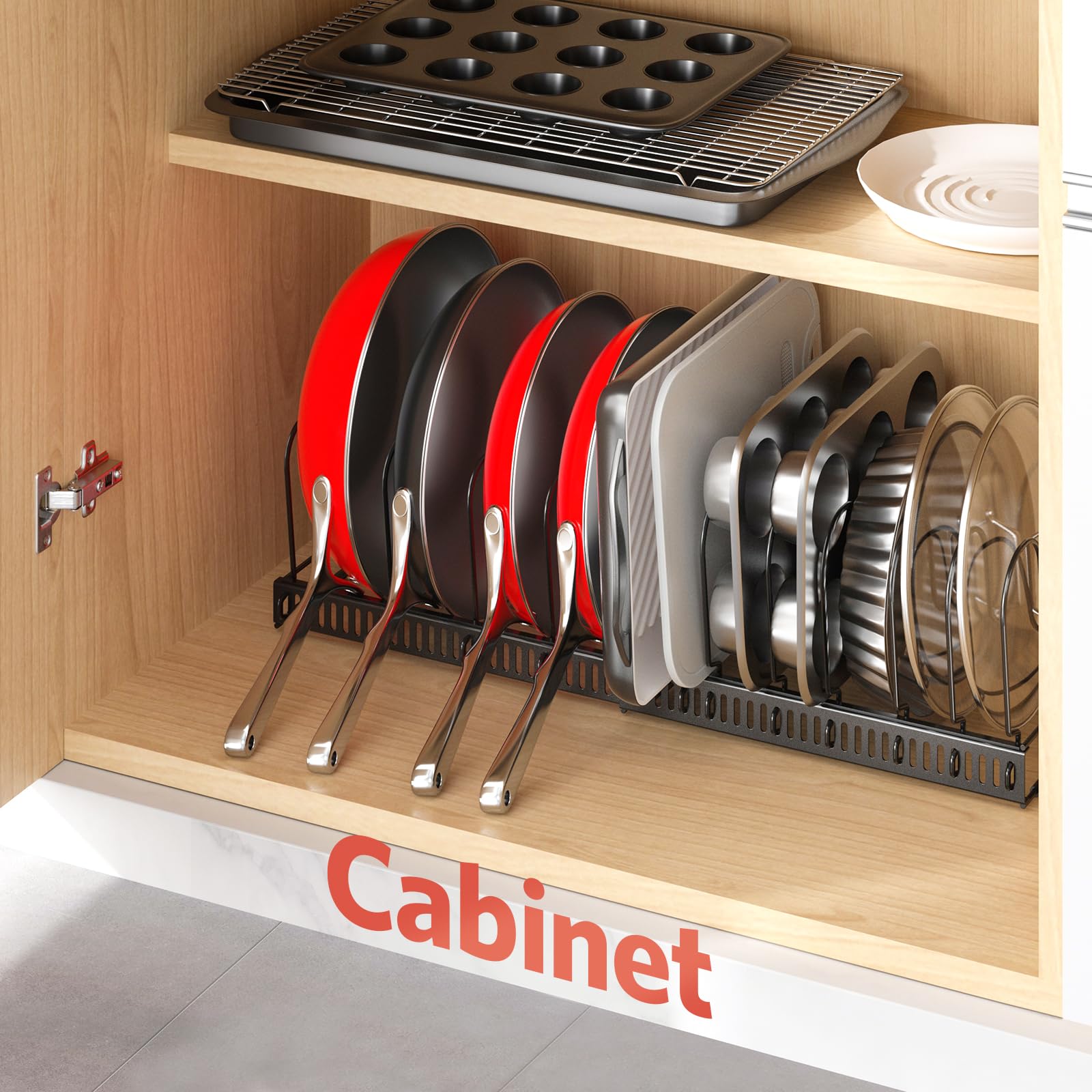 ORDORA Pots and Pans Organizer - Under Cabinet Storage Rack, 11.8'' to 22.8'' Extendable with 12 Adjustable Dividers, Kitchen Cabinet Organizer for Pots, Pans, Lids - Perfect for Small Kitchens, RV, Apartment & Dorm Organization