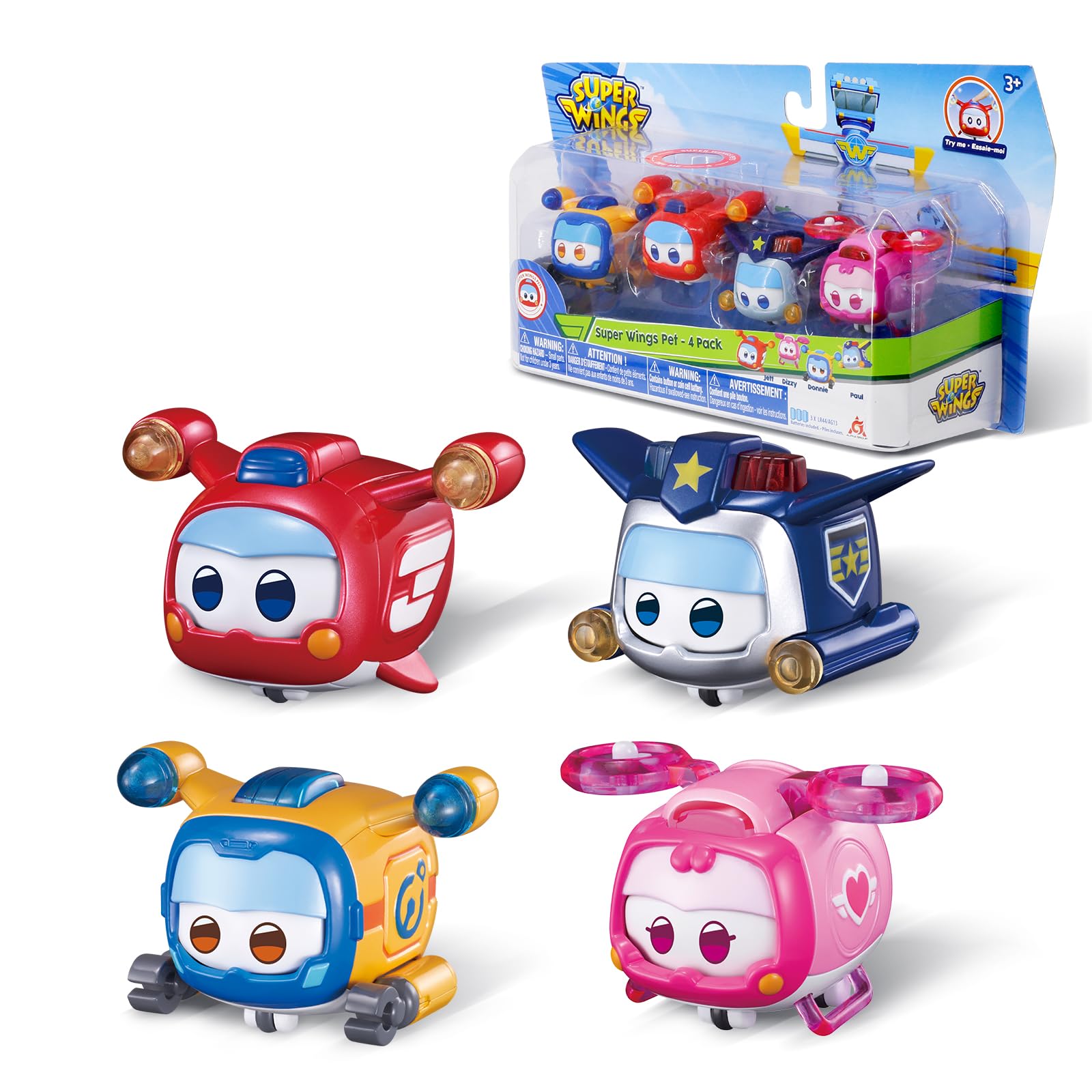 Super Wings Toys: 4-Piece Glow & Face-Changing Transformable Pet Sets (Jett, Donnie, Paul, Dizzy) - Stacking Toys for Toddlers & Kids Ages 3-7, Perfect for Playtime, Learning, and Gift-Giving