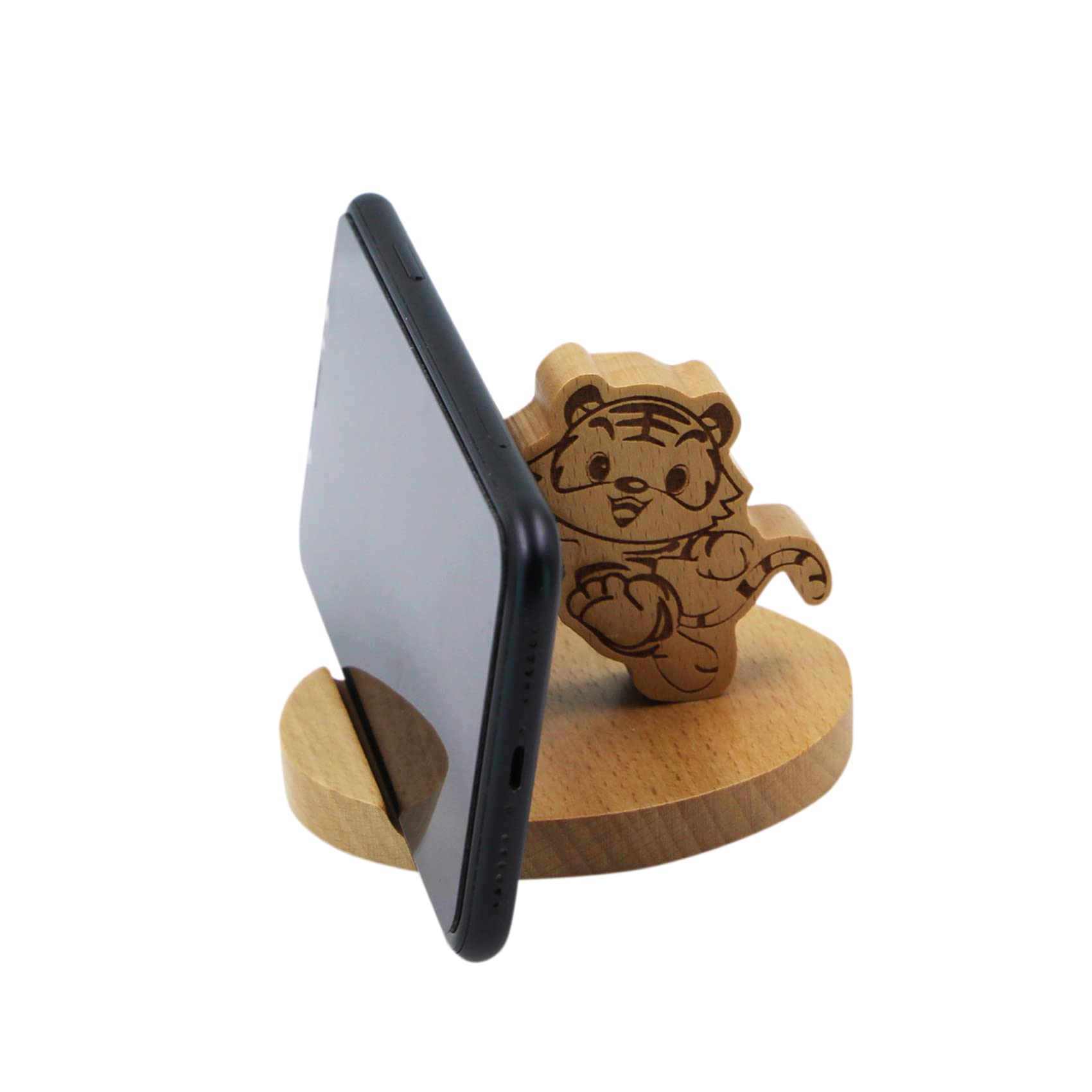 Wooden Tiger Phone Stand - Cute Animal Cell Phone Holder for Desk, Compatible with All Smartphones | Perfect for Home, Office, and Gift Giving