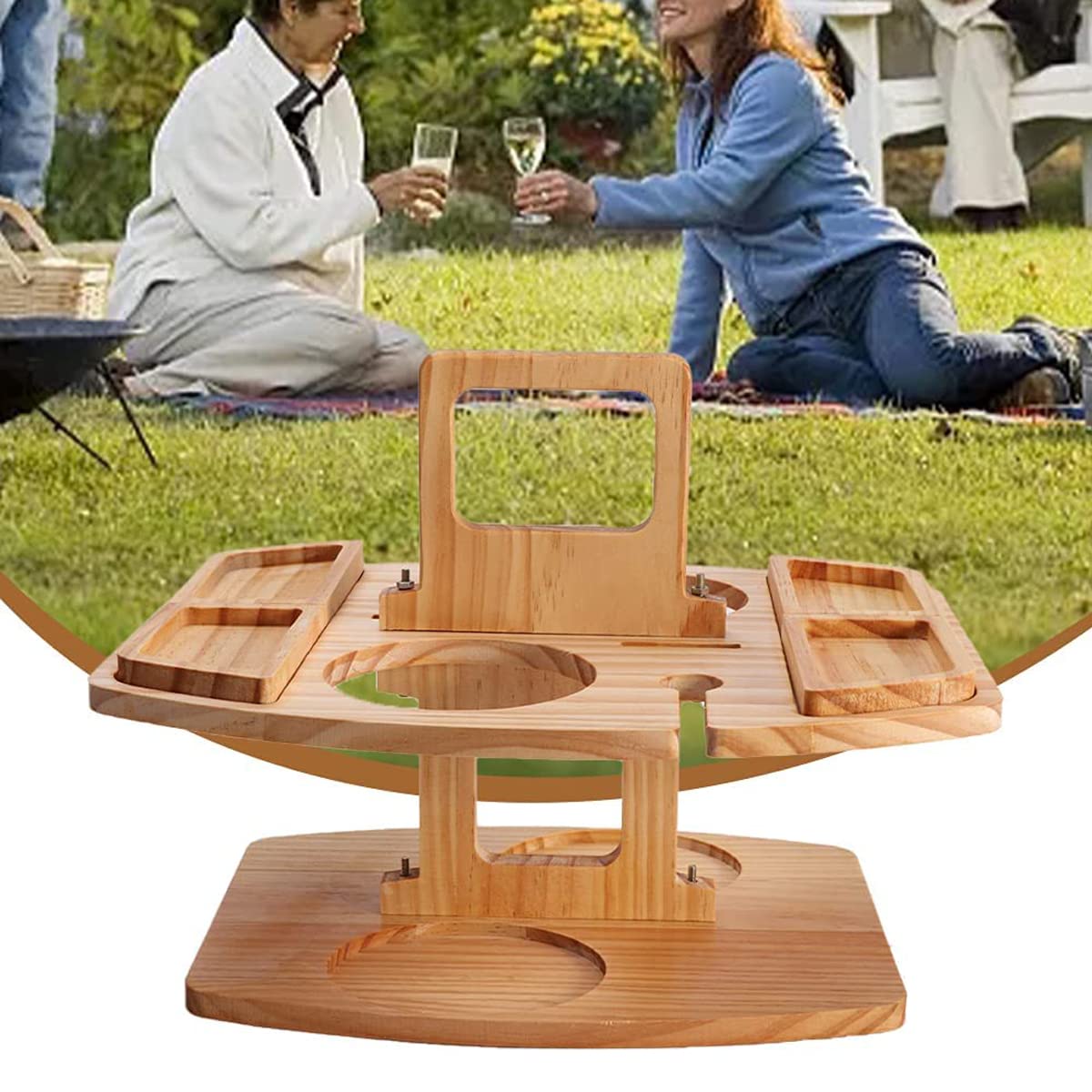 Portable Wooden Picnic Wine Table with Handle - Outdoor Snack & Cheese Tray with Detachable Wine Bottle & Goblet Holder - Foldable Beach Bar Table Serving Platter for Backyard, Camping, and Beach Parties