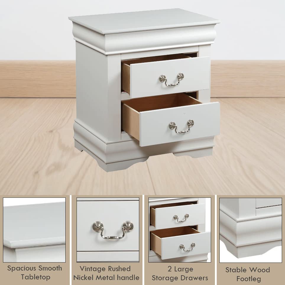 Henf Farmhouse 2-Drawer Nightstand - Solid Wood French Country Bedside Cabinet with Storage, Fully Assembled Accent Table for Bedroom, Living Room & Hallway | Perfect for Home Decor, Guest Rooms & Small Spaces (White)