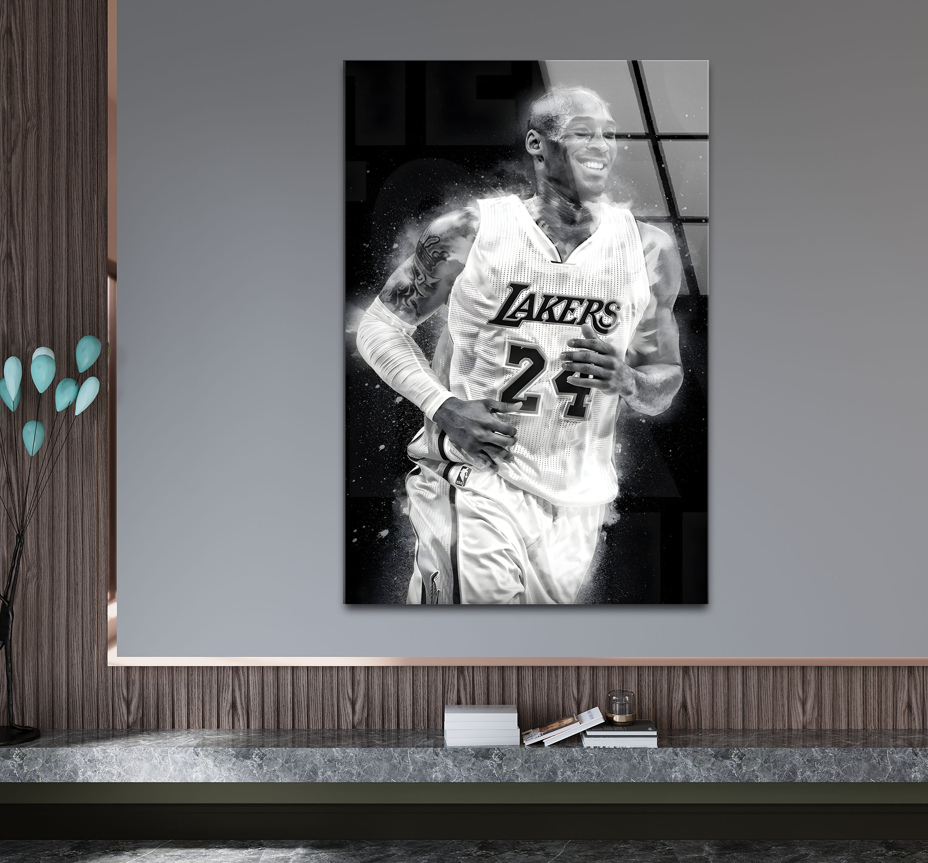 Kobe Bryant Glass Wall Art - Black and White Basketball Decor for Home, Office, or Man Cave - Perfect for Lakers Fans & NBA Memorabilia Collectors
