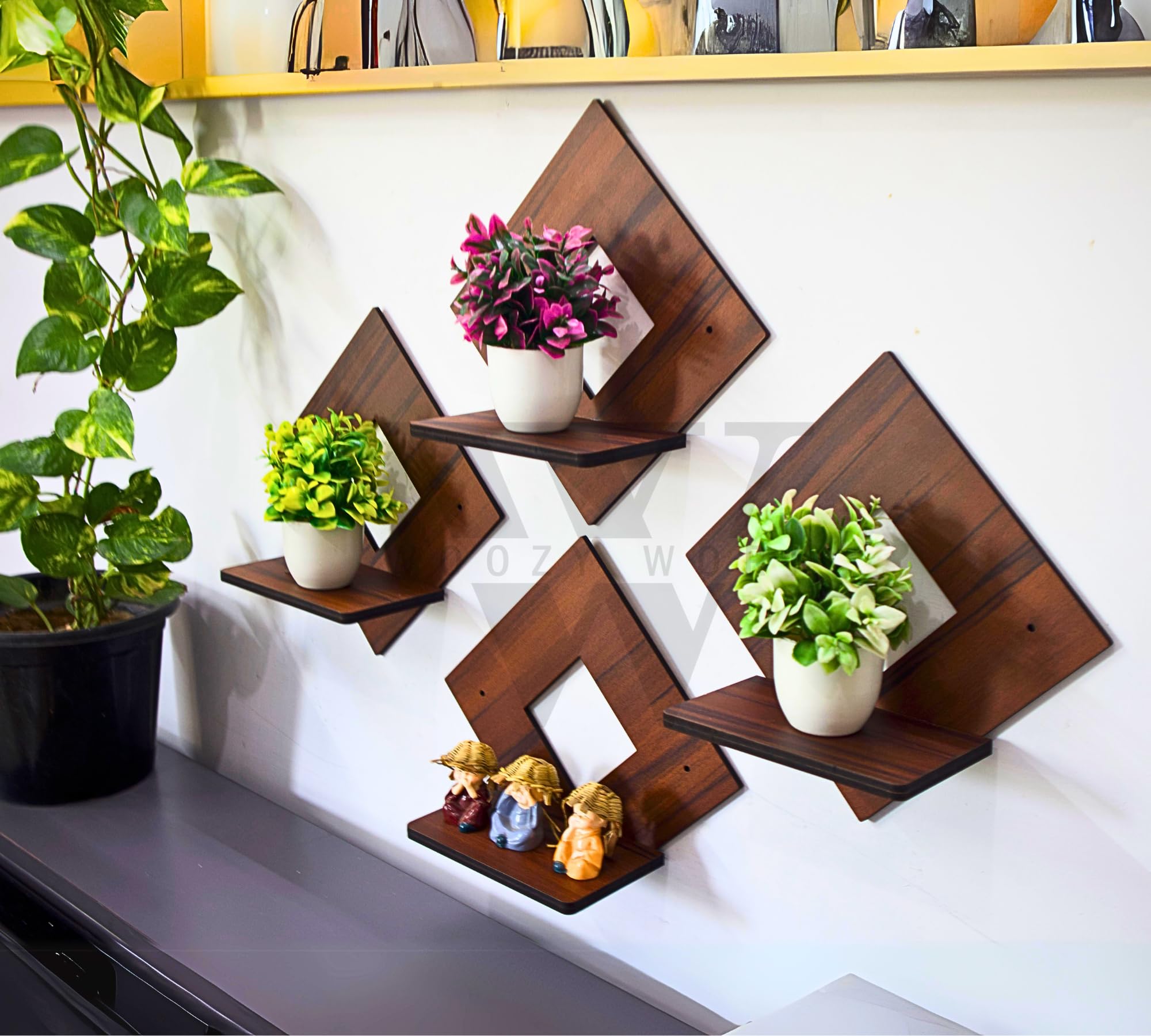 Woozy Work Solid Wood Wall Shelf - Stylish Hanging Shelves for Home & Office Decor - Engineered Wood Wall Storage Display - Perfect for Living Room, Bedroom or Office Organization (Style 3, Brown)