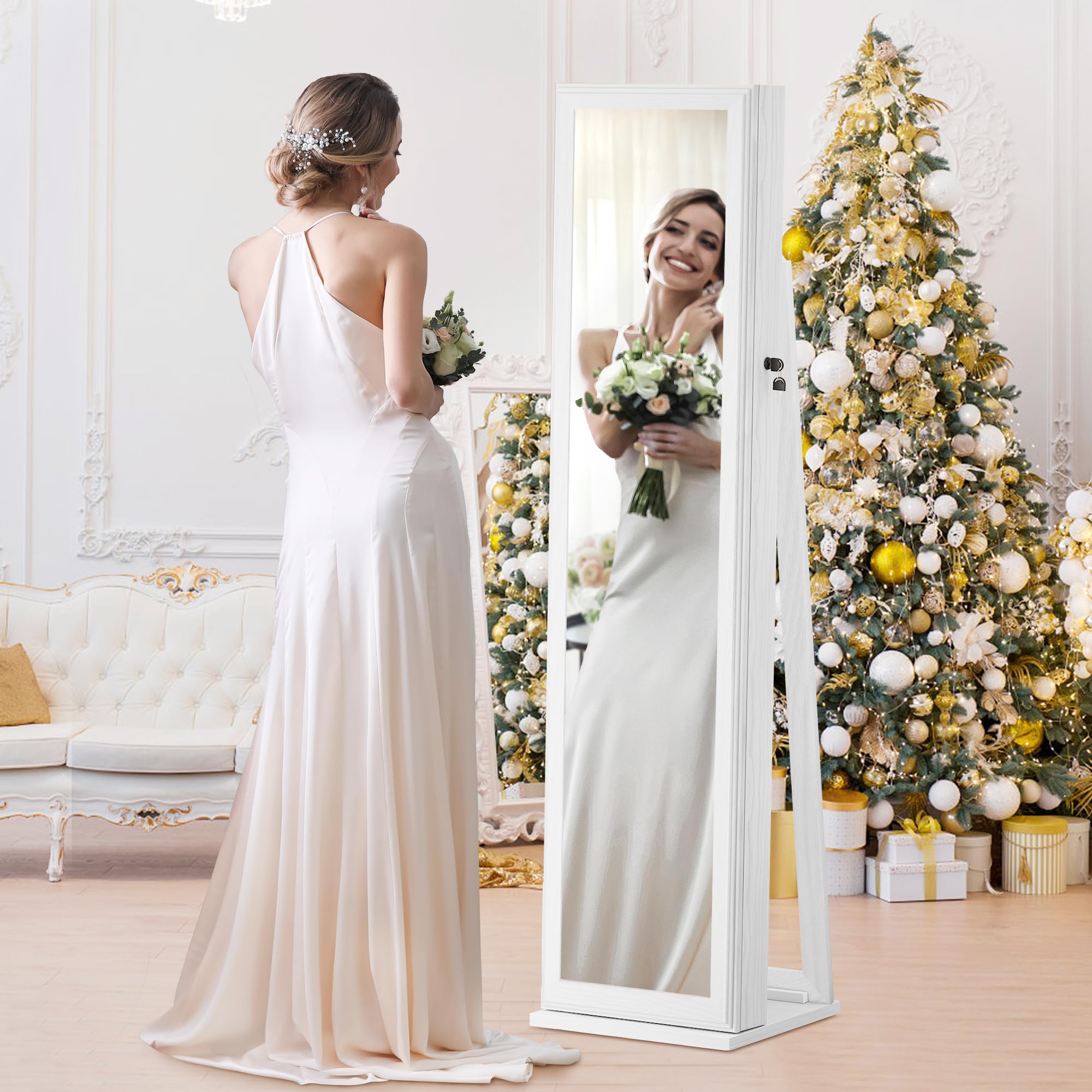 Full Length Mirror Jewelry Cabinet with Lock - Standing Jewelry Armoire Organizer for Women & Girls, White - Perfect for Bedroom, Closet & Dressing Room Storage