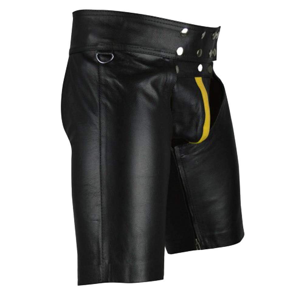 **Men's Genuine Cowhide Leather Shorts - Black Gold Striped Gay Chaps (42